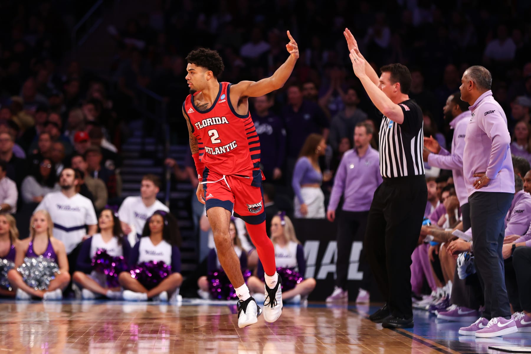 NEW YORK, NEW YORK - MARCH 25: Nick Boyd #2 of the Florida Atlantic Owls reacts during the first half of the game against the Kansas State Wildcats during the Elite Eight round of the 2023 NCAA Men's Basketball Tournament held at Madison Square Garden on March 25, 2023 in New York City. (Photo by Jamie Schwaberow/NCAA Photos via Getty Images)