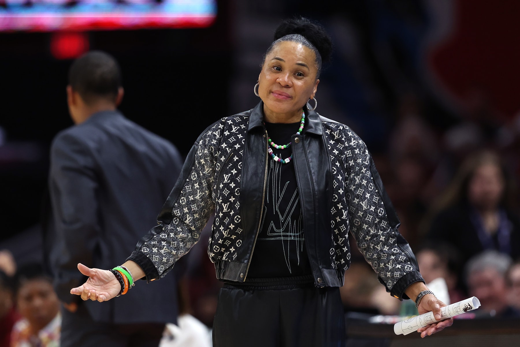 CLEVELAND, OHIO - APRIL 05: Head coach Dawn Staley of the South Carolina Gamecocks reacts in the second half during the NCAA Women's Basketball Tournament Final Four semifinal game against the NC State Wolfpack at Rocket Mortgage Fieldhouse on April 05, 2024 in Cleveland, Ohio. (Photo by Steph Chambers/Getty Images)