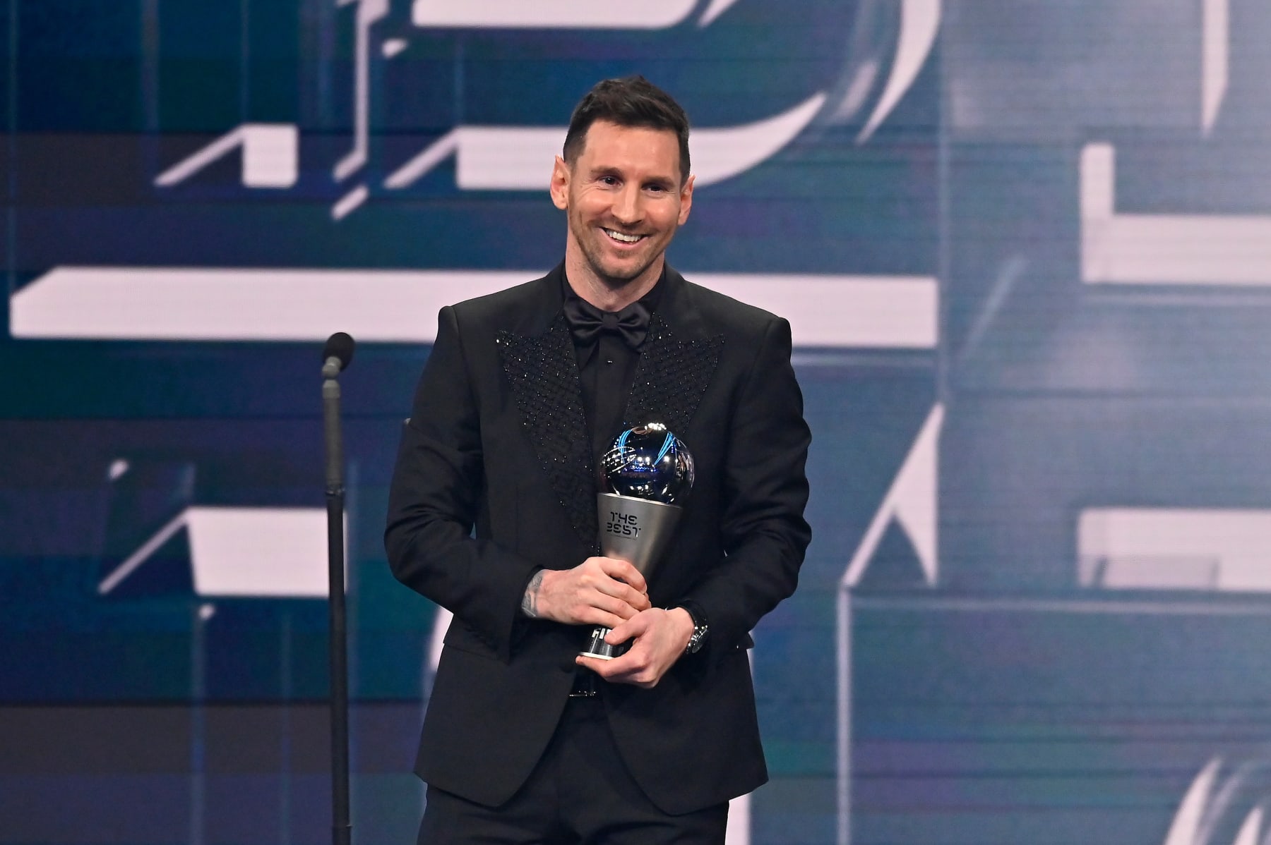 PARIS, FRANCE - FEBRUARY 27: Lionel Messi poses with the Best FIFA Men's Payer 2022 award during The Best FIFA Football Awards 2022 on February 27, 2023 in Paris, France. (Photo by Aurelien Meunier/Getty Images)