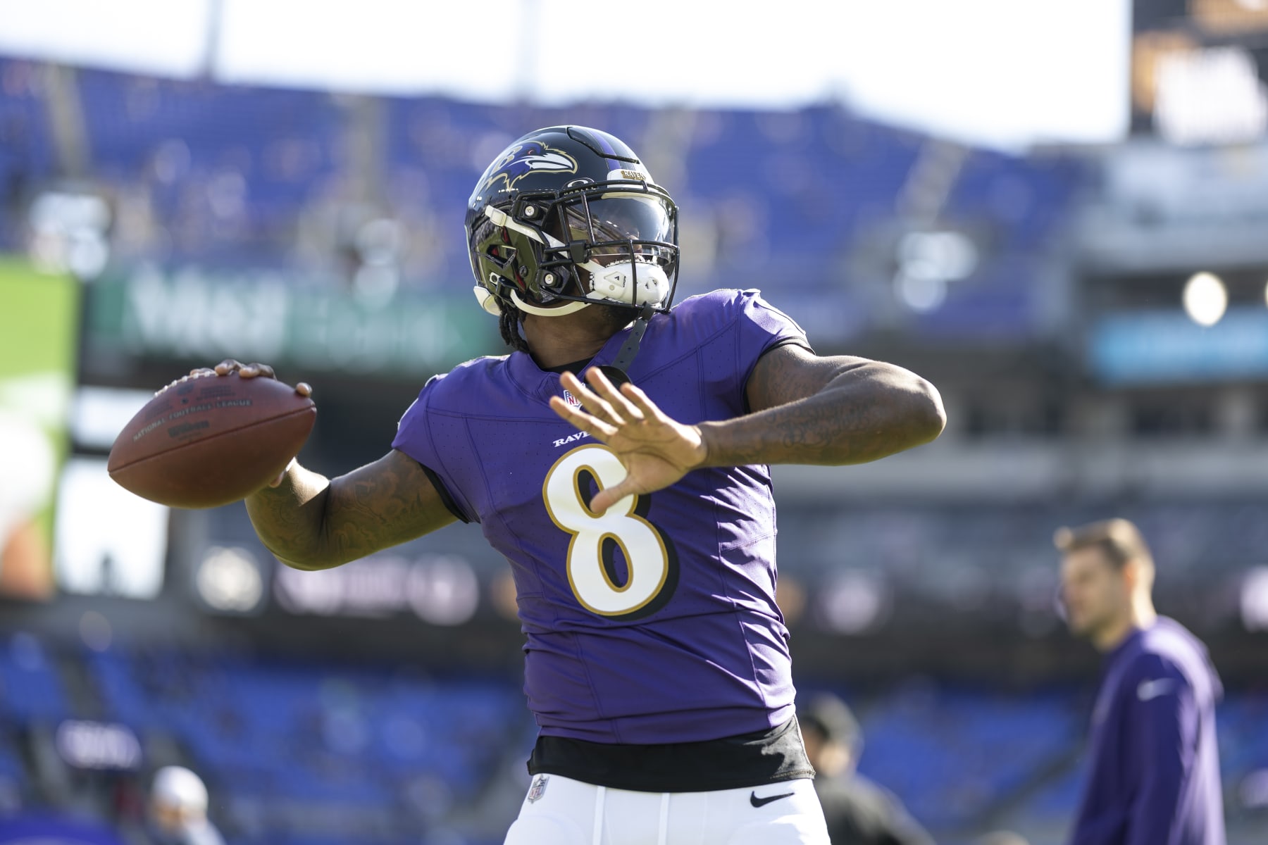 BALTIMORE, MARYLAND - NOVEMBER 05: Lamar Jackson #8 of the Baltimore Ravens throws a pass as he warms up prior to an NFL football game between the Baltimore Ravens and the Seattle Seahawks at M&T Bank Stadium on November 05, 2023 in Baltimore, Maryland. (Photo by Michael Owens/Getty Images)