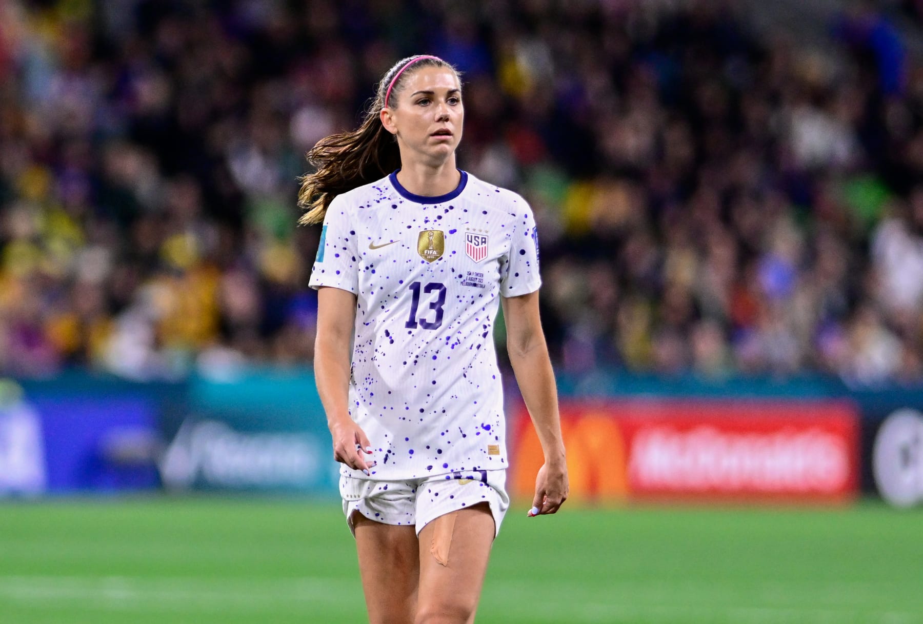 MELBOURNE, AUSTRALIA - AUGUST 6: Alex Morgan #13 of USA looking for the ball during a game between Sweden and USWNT at Melbourne Rectangular Stadium on August 6, 2023 in Melbourne, Australia. (Photo by Richard Callis/ISI Photos/Getty Images)