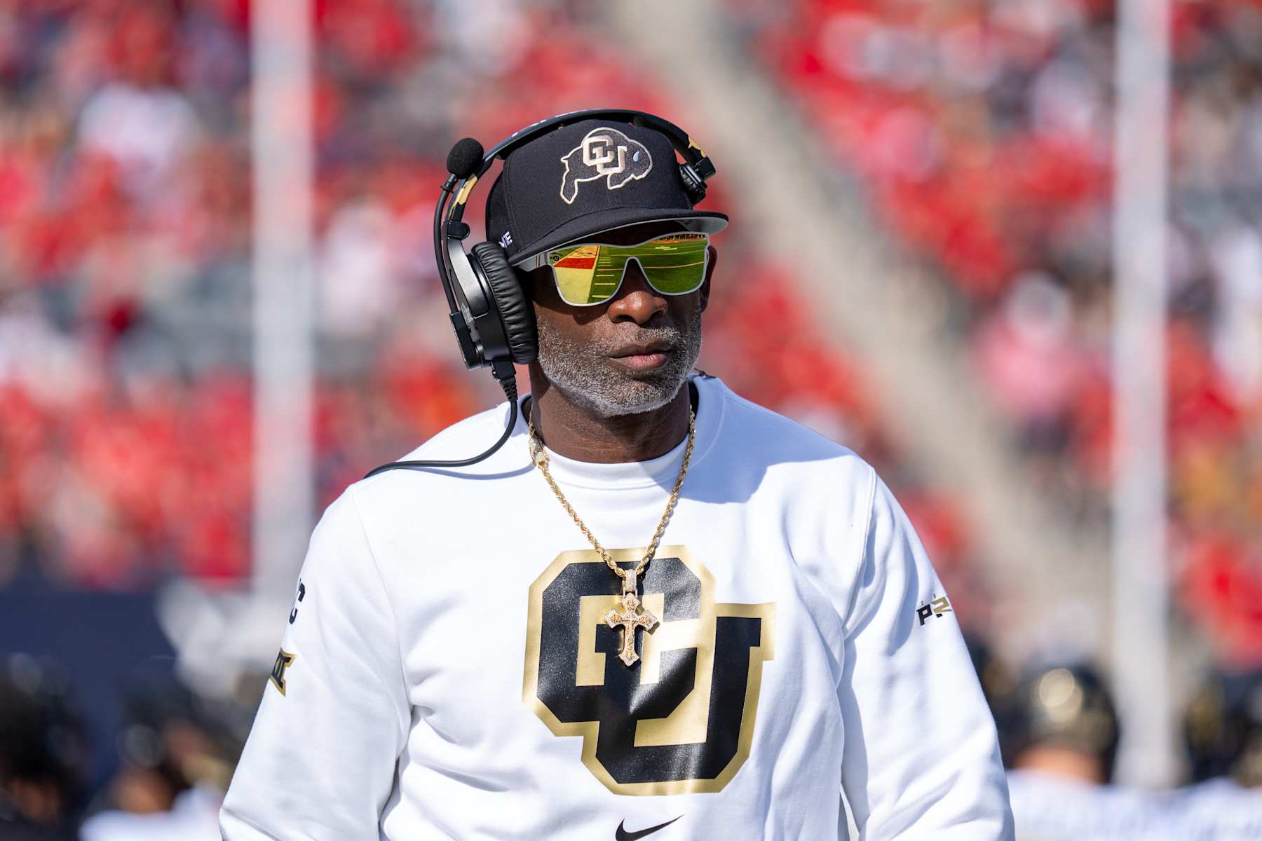 TUCSON, ARIZONA - OCTOBER 19: Deon Sanders of the University of Arizona on the sidelines against the University of Colorado at Arizona Stadium on October 19, 2024 in Tucson, Arizona. (Photo by Patrick Mulligan/Getty Images)