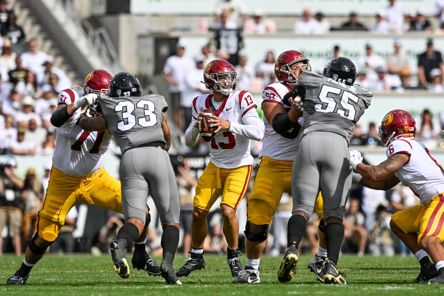 BOULDER, CO - SEPTEMBER 30:  Quarterback Caleb Williams #13 of the USC Trojans sets to pass in the second quarter against the Colorado Buffaloes at Folsom Field on September 30, 2023 in Boulder, Colorado. (Photo by Dustin Bradford/Getty Images)