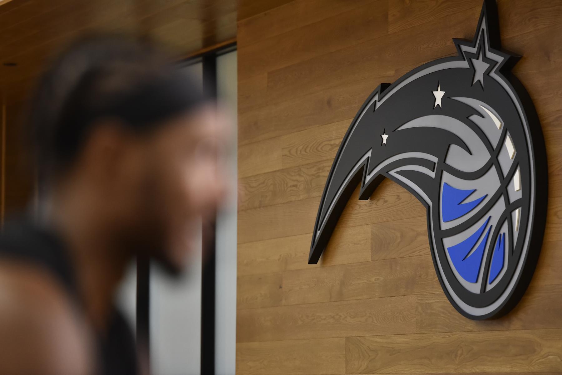 ORLANDO, FL - OCTOBER 16: Generic photo of the Orlando Magic logo during an all access practice on October 16, 2023 at the AdventHealth Training Center in Orlando, Florida. NOTE TO USER: User expressly acknowledges and agrees that, by downloading and or using this photograph, User is consenting to the terms and conditions of the Getty Images License Agreement. Mandatory Copyright Notice: Copyright 2023 NBAE (Photo by Fernando Medina/NBAE via Getty Images)