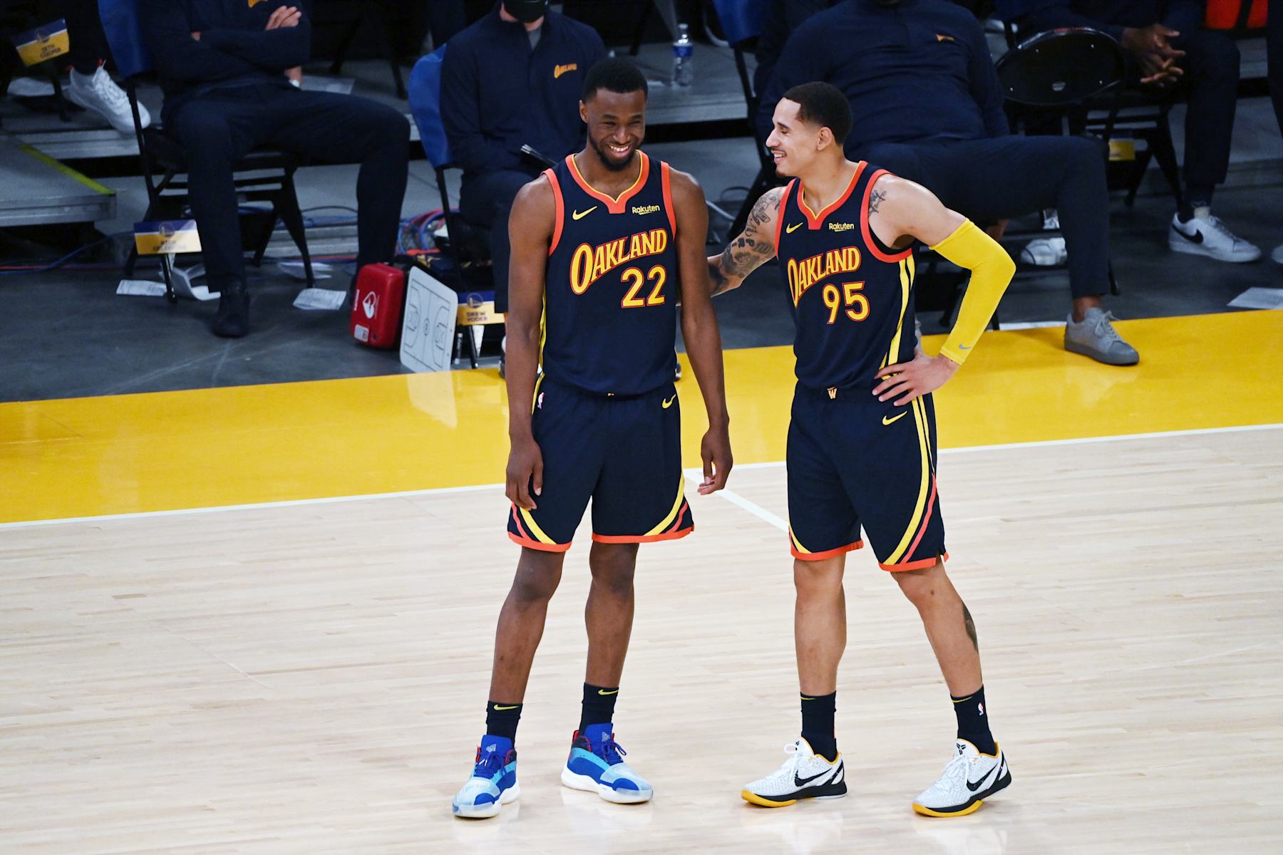 Basketball: West PlayIn: Golden State Warriors Andrew Wiggins (22) with Juan Toscano-Anderson (95) during game vs Los Angeles Lakers at Staples Center. Game 1. Los Angeles, CA 5/19/2021 CREDIT: John W. McDonough (Photo by John W. McDonough/Sports Illustrated via Getty Images) (Set Number: X163623 TK1)