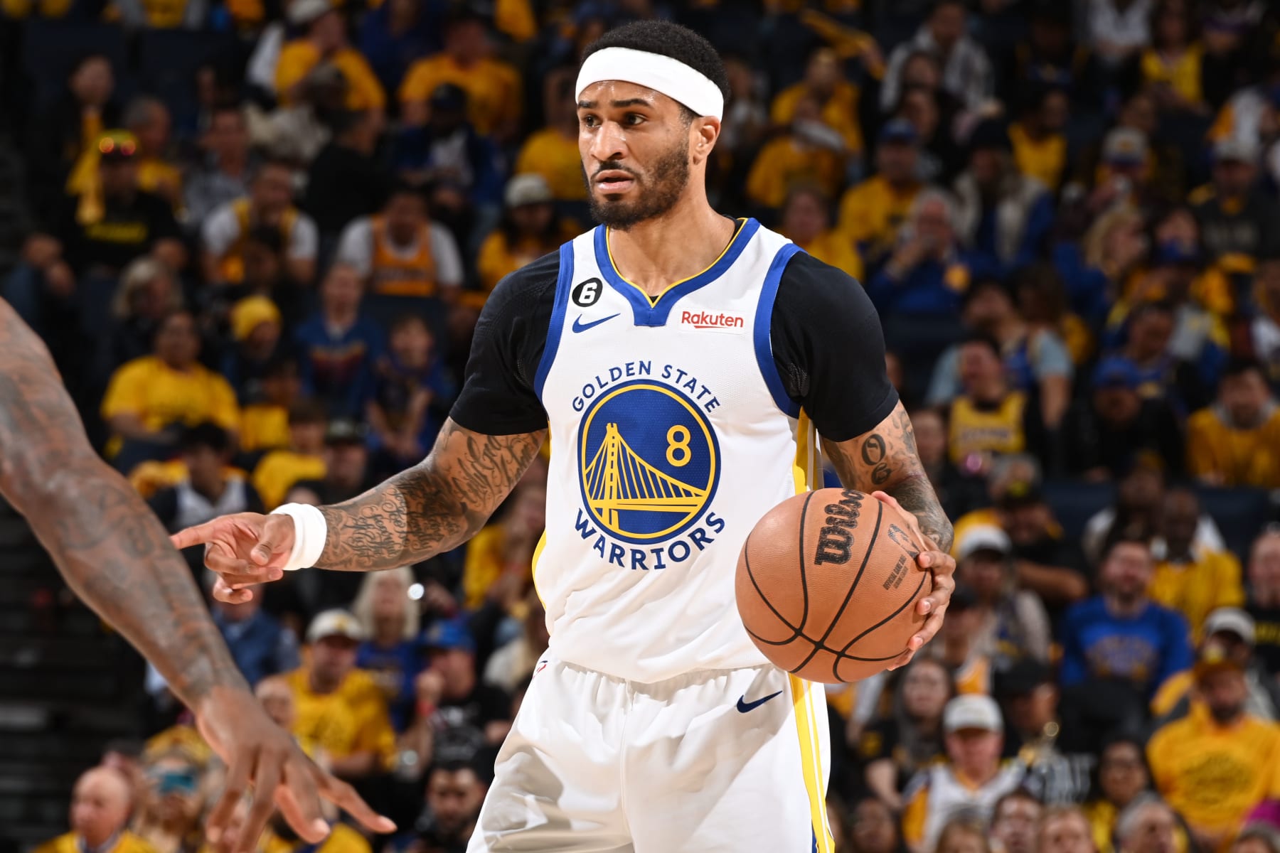SAN FRANCISCO, CA - MAY 4: Gary Payton II #8 of the Golden State Warriors dribbles the ball during the game against the Los Angeles Lakers during the Western Conference Semi Finals of the 2023 NBA Playoffs on May 4, 2023 at Chase Center in San Francisco, California. NOTE TO USER: User expressly acknowledges and agrees that, by downloading and/or using this Photograph, user is consenting to the terms and conditions of the Getty Images License Agreement. Mandatory Copyright Notice: Copyright 2023 NBAE (Photo by Andrew D. Bernstein/NBAE via Getty Images)