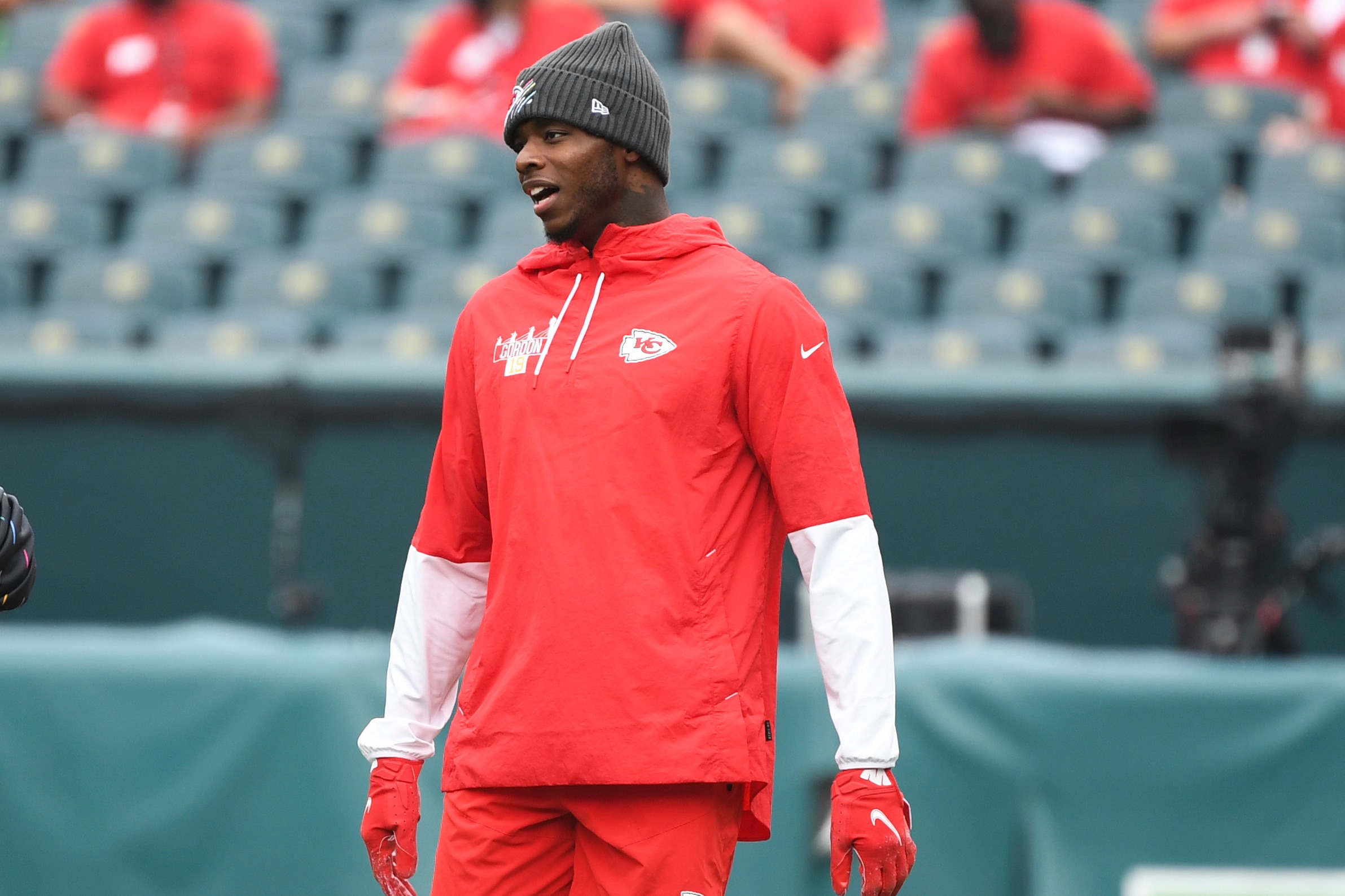 Kansas City Chiefs wide receiver Josh Gordon jogs on the field during pre-game warm-ups before an NFL football game against the Philadelphia Eagles, Sunday, Oct. 3, 2021, in Philadelphia. (AP Photo/Terrance Williams)
