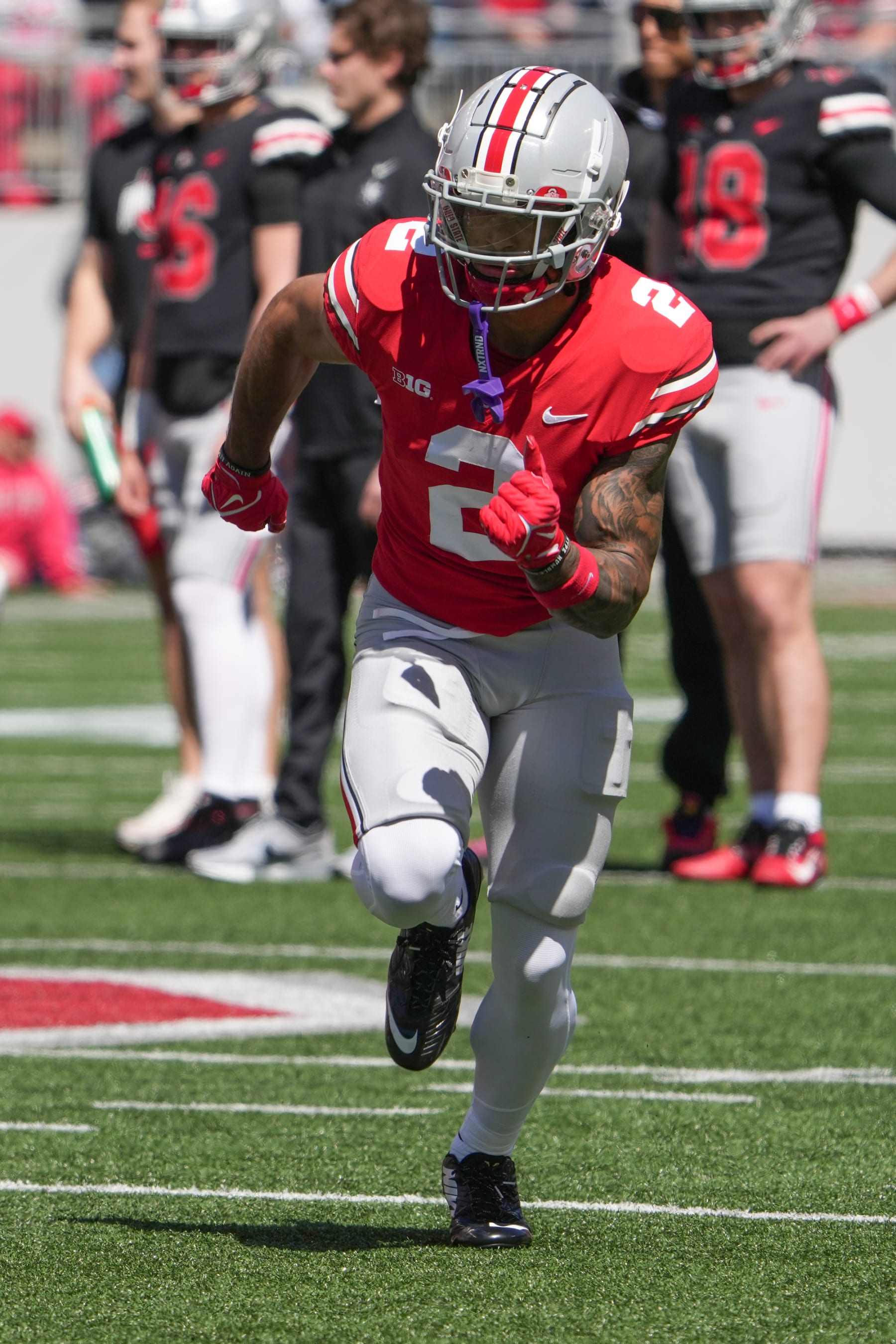 COLUMBUS, OH - APRIL 13: Ohio State Buckeyes wide receiver Emeka Egbuka (2) warms up before the Ohio State Spring Game at Ohio Stadium in Columbus, Ohio on April 13, 2024. (Photo by Jason Mowry/Icon Sportswire via Getty Images)