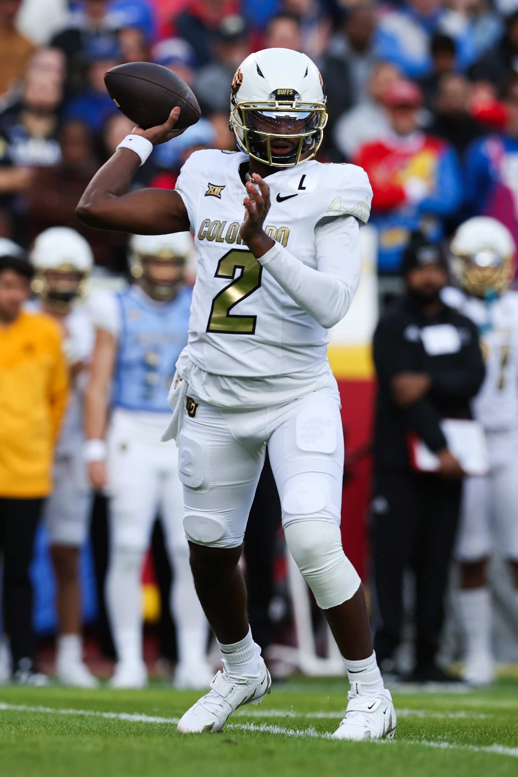 KANSAS CITY, MO - NOVEMBER 23: Colorado Buffaloes quarterback Shedeur Sanders (2) throws a pass in the first quarter of a Big 12 game between the Colorado Buffaloes and Kansas Jayhawks on November 23, 2024 at GEHA Field at Arrowhead Stadium in Kansas City, MO. (Photo by Scott Winters/Icon Sportswire via Getty Images)