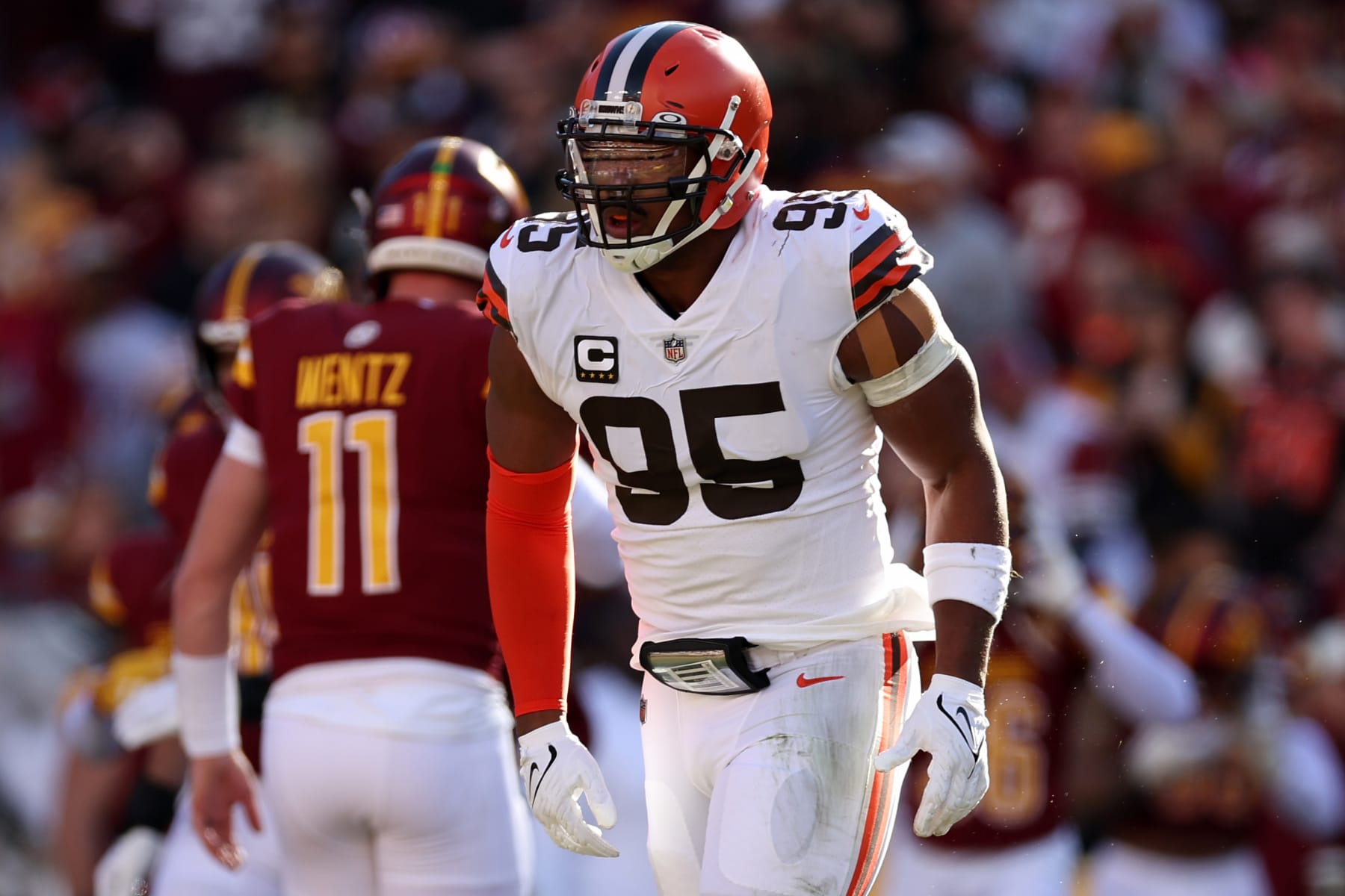 LANDOVER, MARYLAND - JANUARY 01: Myles Garrett #95 of the Cleveland Browns celebrates after making a stop against the Washington Commanders during the first half at FedExField on January 01, 2023 in Landover, Maryland. (Photo by Scott Taetsch/Getty Images)
