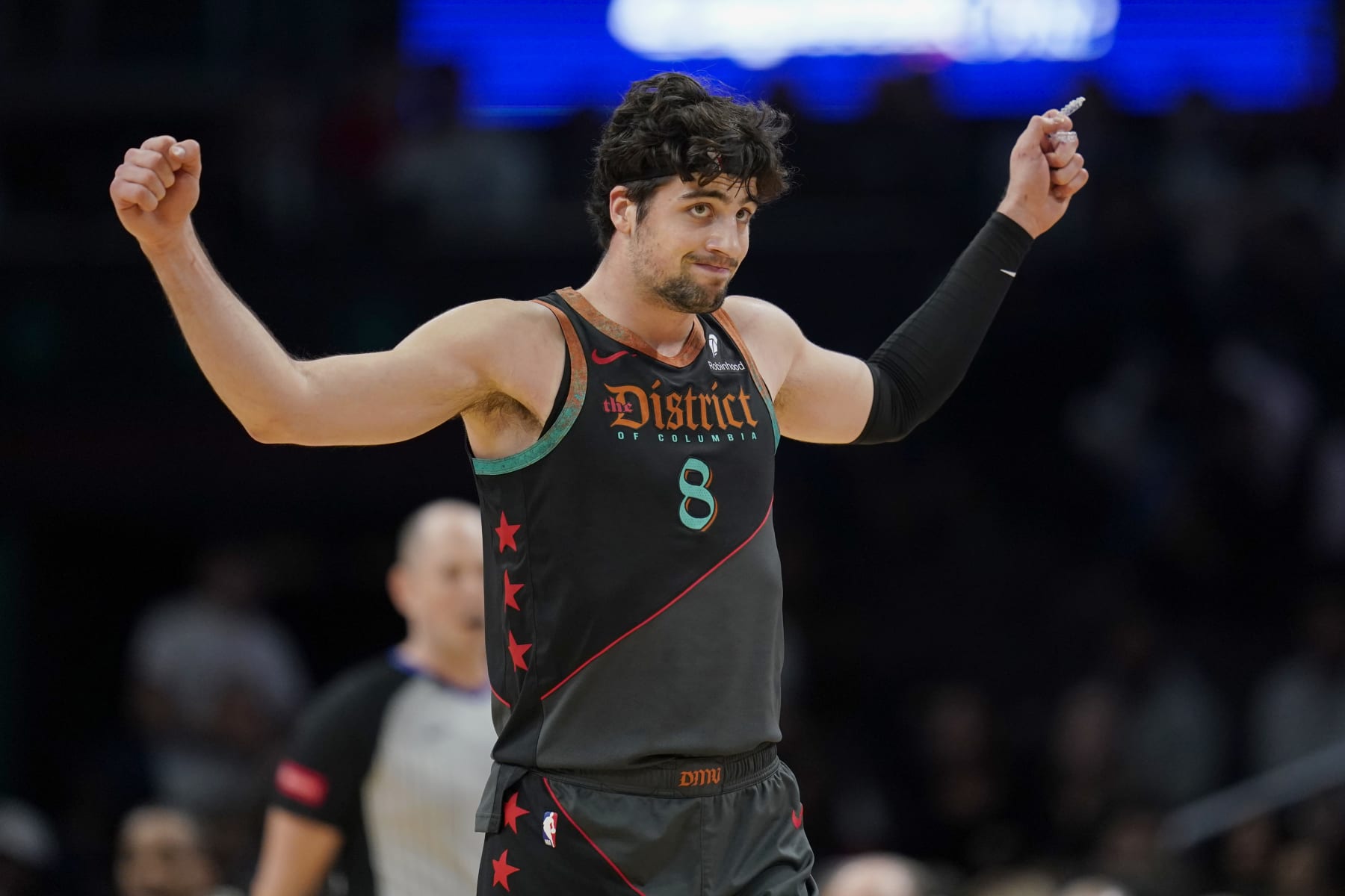 WASHINGTON, DC - APRIL 12: Deni Avdija #8 of the Washington Wizards reacts after a teammate is called for traveling during the second half against the Chicago Bulls at Capital One Arena on April 12, 2024 in Washington, DC. NOTE TO USER: User expressly acknowledges and agrees that, by downloading and or using this photograph, User is consenting to the terms and conditions of the Getty Images License Agreement. (Photo by Jess Rapfogel/Getty Images)