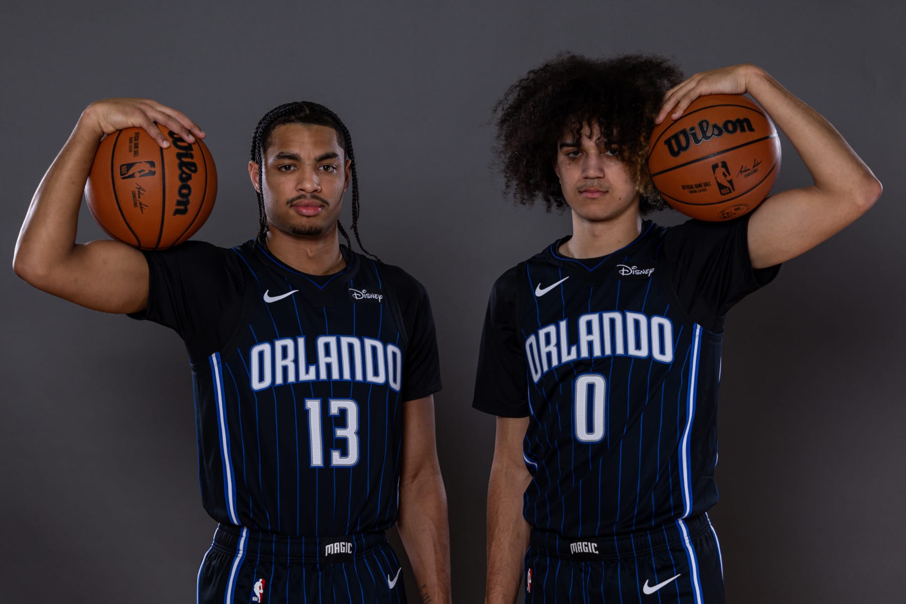 LAS VEGAS, NEVADA - JULY 14: Jett Howard #13 and Anthony Black #0 of the Orlando Magic pose for a portrait during the 2023 NBA rookie photo shoot at UNLV on July 14, 2023 in Las Vegas, Nevada. (Photo by Jamie Squire/Getty Images)