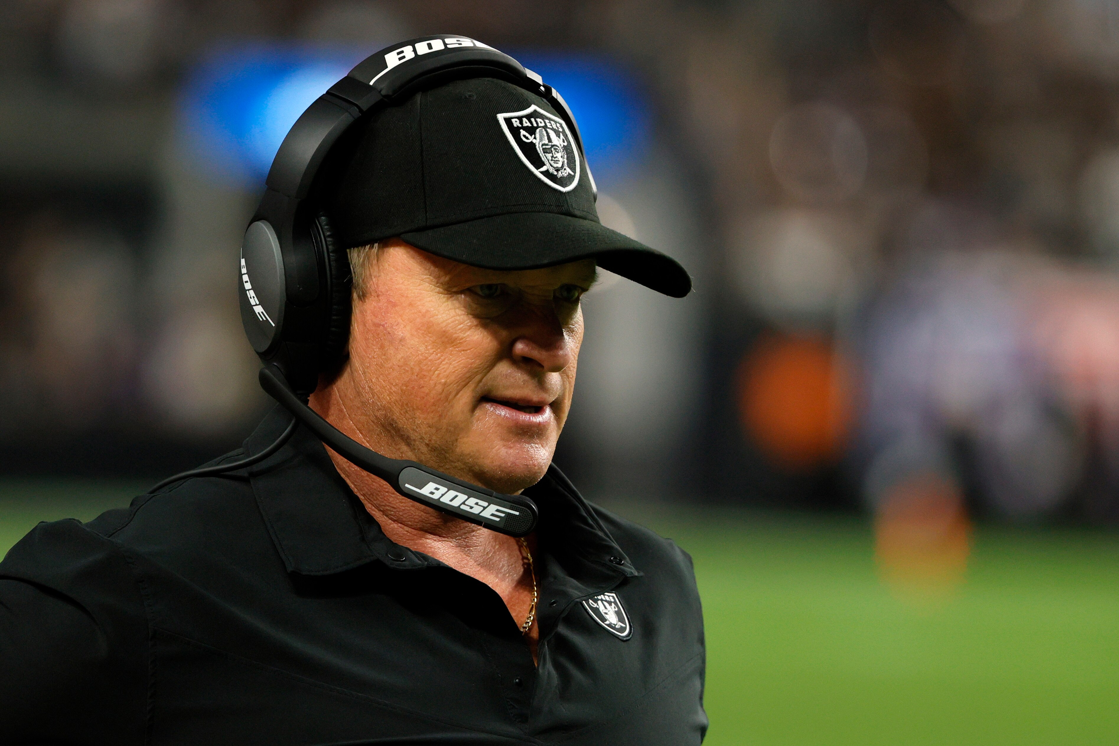 LAS VEGAS, NEVADA - SEPTEMBER 13: Head coach Jon Gruden of the Las Vegas Raiders looks on from the sideline during the second half against the Baltimore Ravens at Allegiant Stadium on September 13, 2021 in Las Vegas, Nevada. (Photo by Ethan Miller/Getty Images)