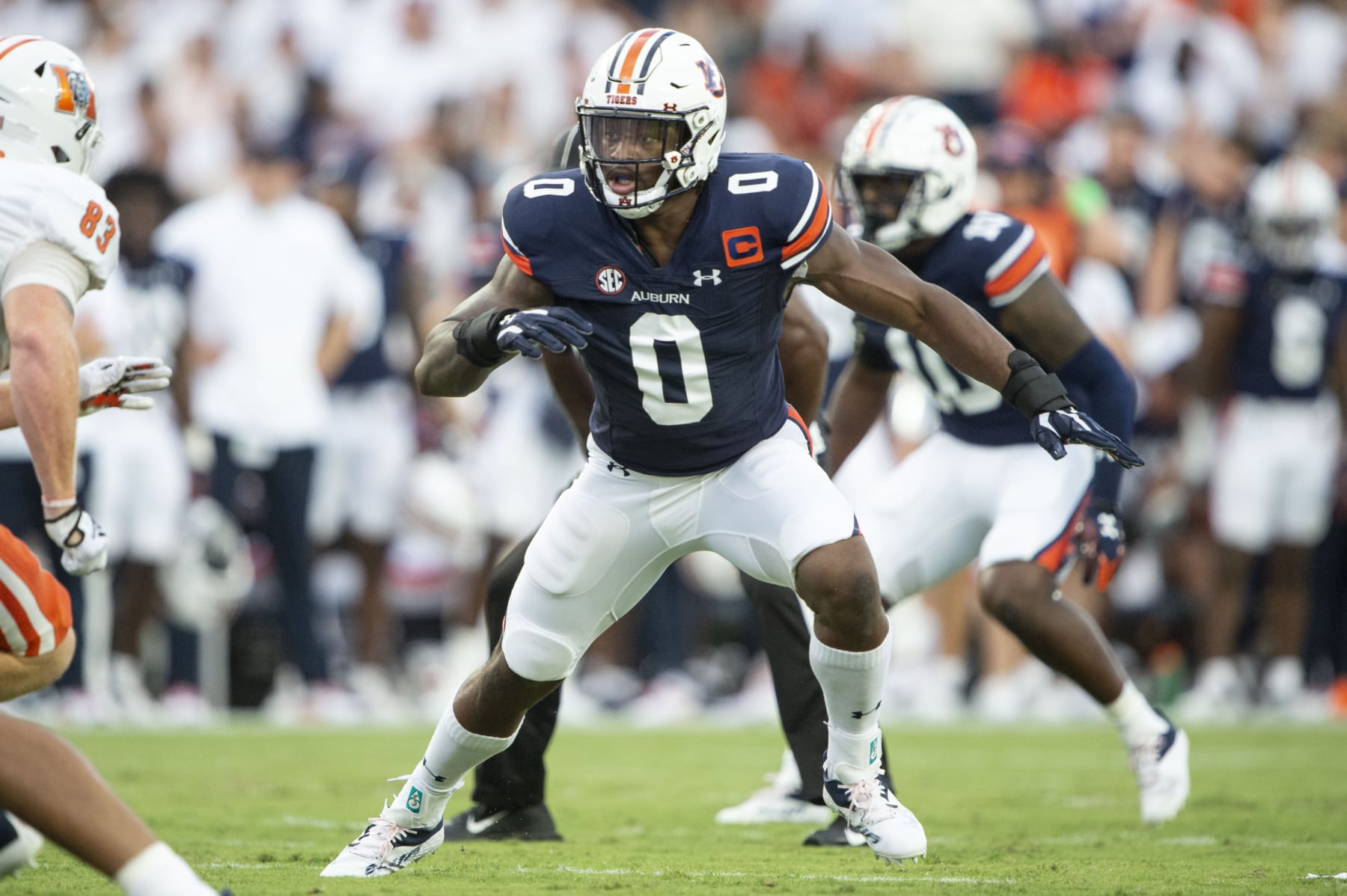 AUBURN, ALABAMA - SEPTEMBER 03: Linebacker Owen Pappoe #0 of the Auburn Tigers during their game against the Mercer Bears at Jordan-Hare Stadium on September 03, 2022 in Auburn, Alabama. (Photo by Michael Chang/Getty Images)