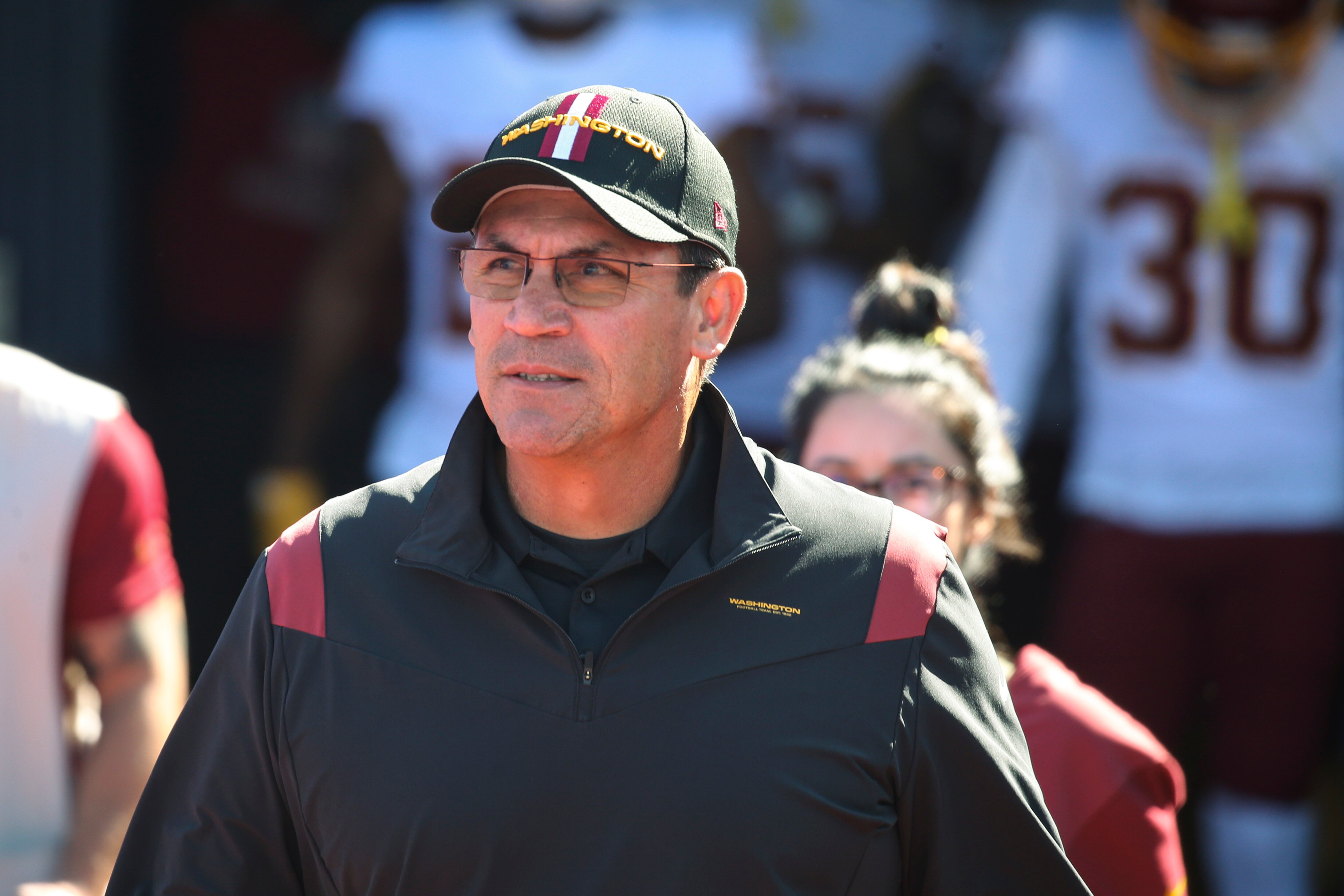 Washington Football Team head coach Ron Rivera before an NFL football game against the Buffalo Bills Sunday, Sept. 26, 2021, in Orchard Park, N.Y. (AP Photo/Jeffrey T. Barnes)