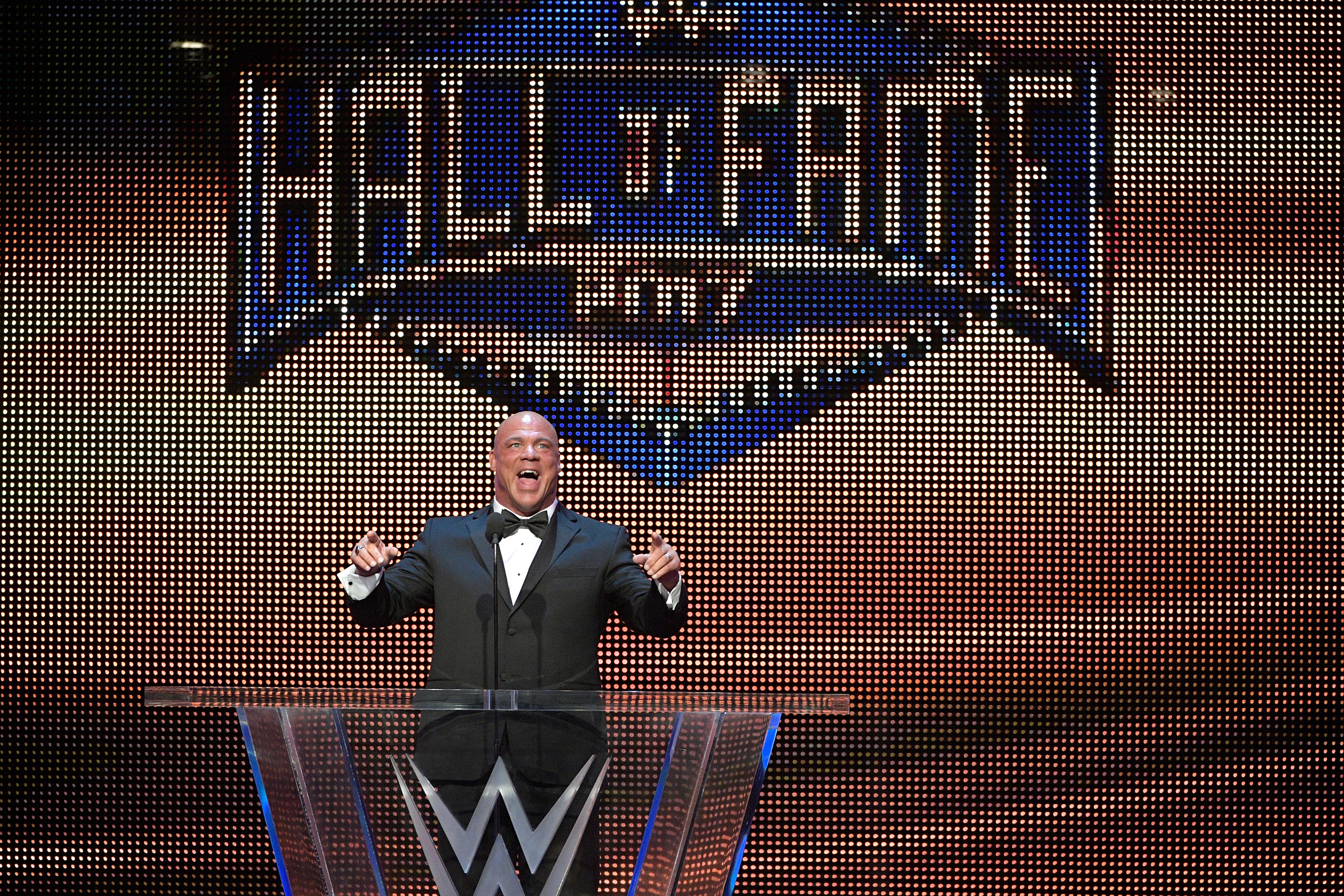 IMAGE DISTRIBUTED FOR WWE - Kurt Angle addresses the crowd after being inducted into the WWE Hall of Fame as part of the WrestleMania 33 weekend at a ceremony on Friday, March 31, 2017, in Orlando, Fla. (Phelan M. Ebenhack/AP Images for WWE)