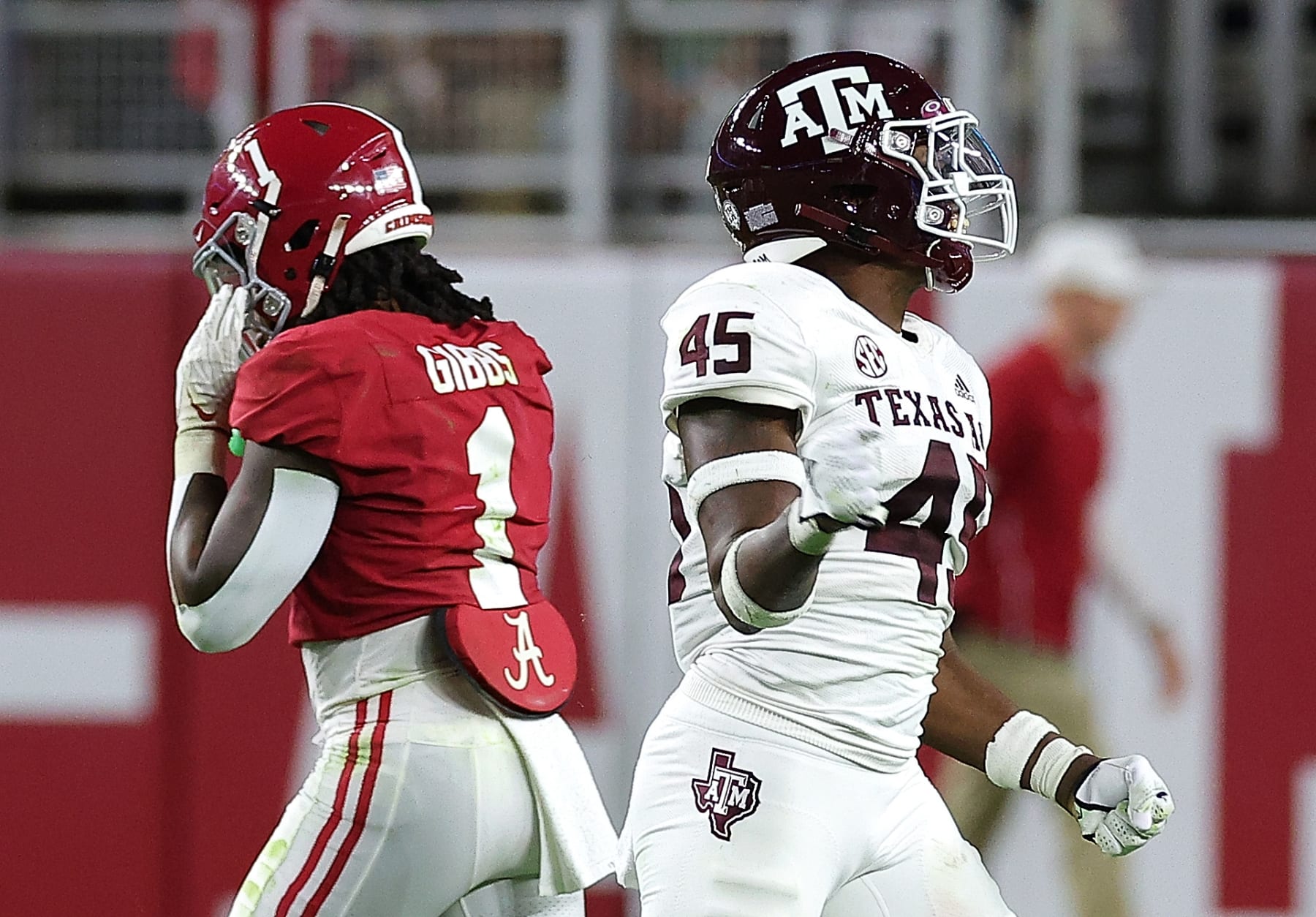 TUSCALOOSA, ALABAMA - OCTOBER 08:  Edgerrin Cooper #45 of the Texas A&M Aggies reacts after recovering a fumble by Jalen Milroe #4 of the Alabama Crimson Tide during the first half at Bryant-Denny Stadium on October 08, 2022 in Tuscaloosa, Alabama. (Photo by Kevin C. Cox/Getty Images)