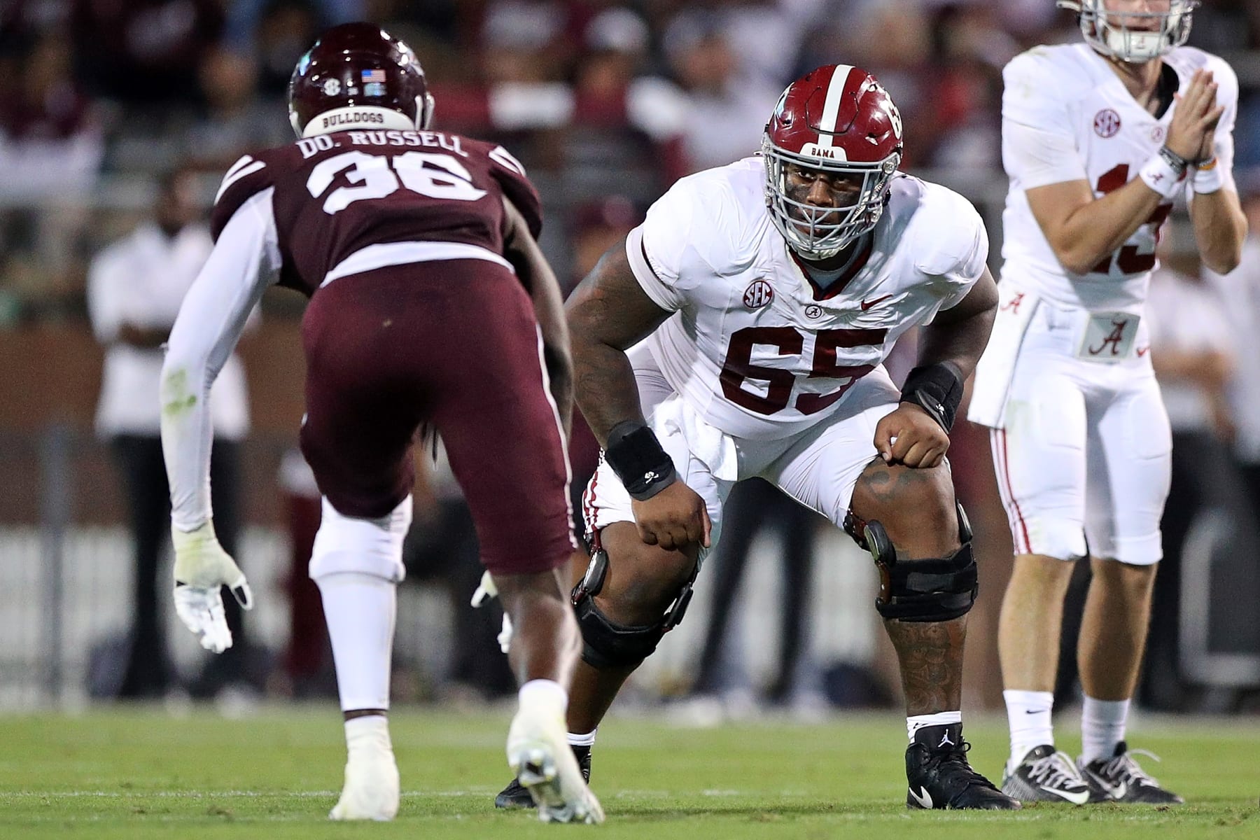 STARKVILLE, MISSISSIPPI - SEPTEMBER 30: JC Latham #65 of the Alabama Crimson Tide during the game against the Mississippi State Bulldogs at Davis Wade Stadium on September 30, 2023 in Starkville, Mississippi. (Photo by Justin Ford/Getty Images)