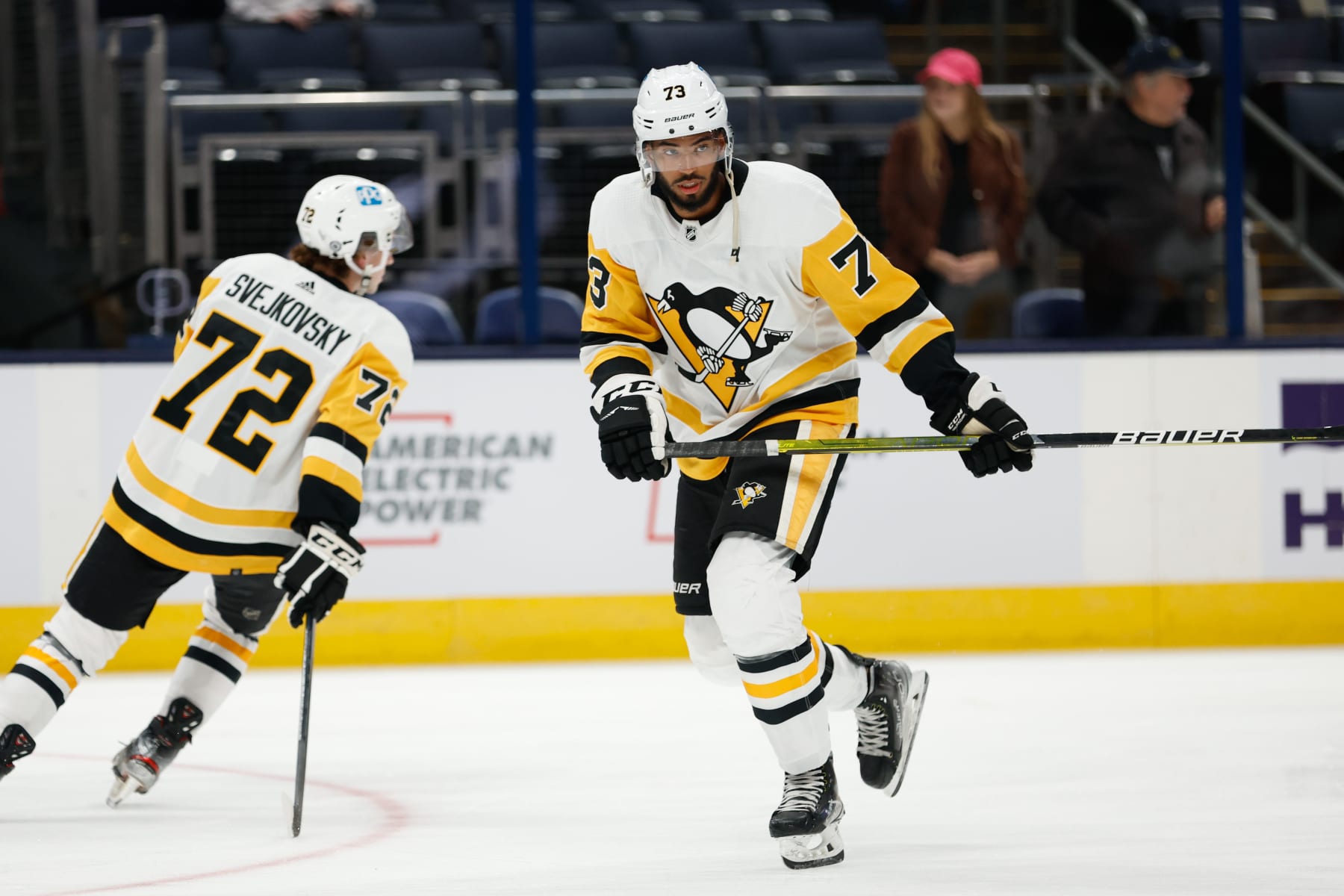 COLUMBUS, OH - SEPTEMBER 25: Pittsburgh Penguins defenseman Pierre-Olivier Joseph (73) warms up before the preseason game between the Columbus Blue Jackets and the Pittsburgh Penguins on September 24, 2022, at Nationwide Arena in Columbus, Ohio. (Photo by Graham Stokes/Icon Sportswire via Getty Images)