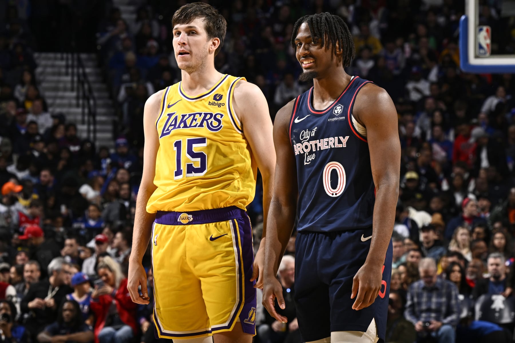 PHILADELPHIA, PA - NOVEMBER 27: Austin Reaves #15 of the Los Angeles Lakers and Tyrese Maxey #0 of the Philadelphia 76ers looks on during the game on November 27, 2023 at the Wells Fargo Center in Philadelphia, Pennsylvania NOTE TO USER: User expressly acknowledges and agrees that, by downloading and/or using this Photograph, user is consenting to the terms and conditions of the Getty Images License Agreement. Mandatory Copyright Notice: Copyright 2023 NBAE (Photo by David Dow/NBAE via Getty Images)