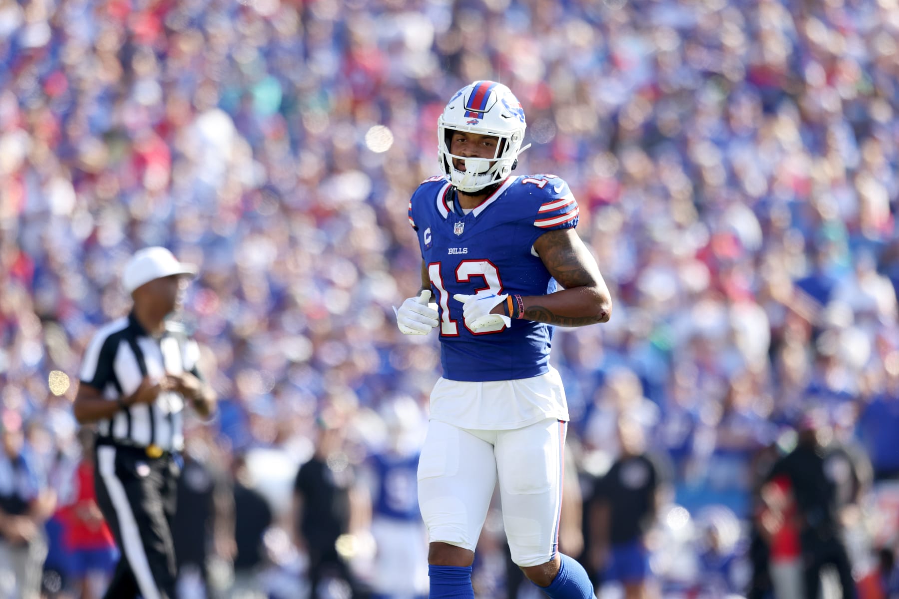 ORCHARD PARK, NEW YORK - OCTOBER 01: Gabe Davis #13 of the Buffalo Bills lines up during the third quarter against the Miami Dolphins at Highmark Stadium on October 01, 2023 in Orchard Park, New York. (Photo by Bryan Bennett/Getty Images)