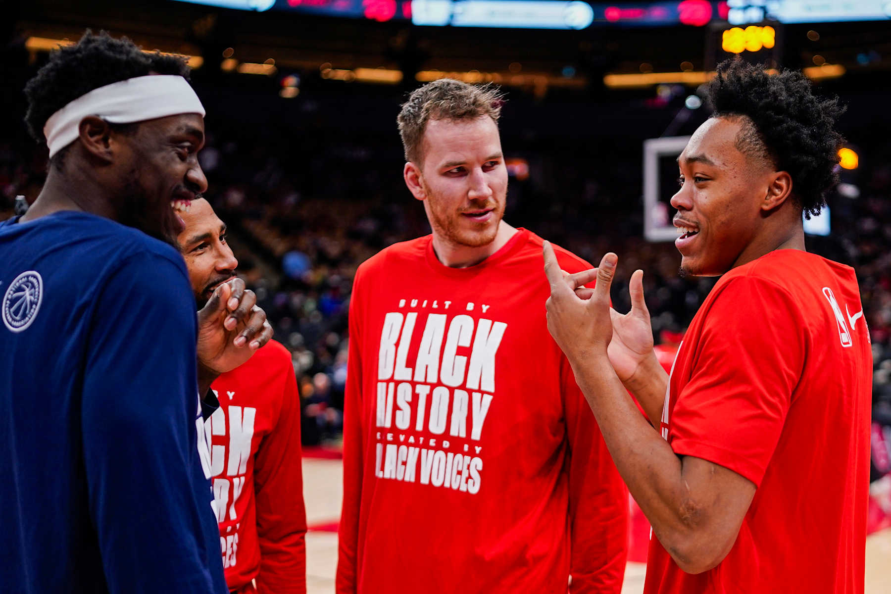 TORONTO, CANADA - FEBRUARY 14: Scottie Barnes #4 of the Toronto Raptors talks to Pascal Siakam #43 of the Indiana Pacers before the game on February 14, 2024 at the Scotiabank Arena in Toronto, Ontario, Canada.  NOTE TO USER: User expressly acknowledges and agrees that, by downloading and or using this Photograph, user is consenting to the terms and conditions of the Getty Images License Agreement.  Mandatory Copyright Notice: Copyright 2024 NBAE (Photo by Mark Blinch/NBAE via Getty Images)