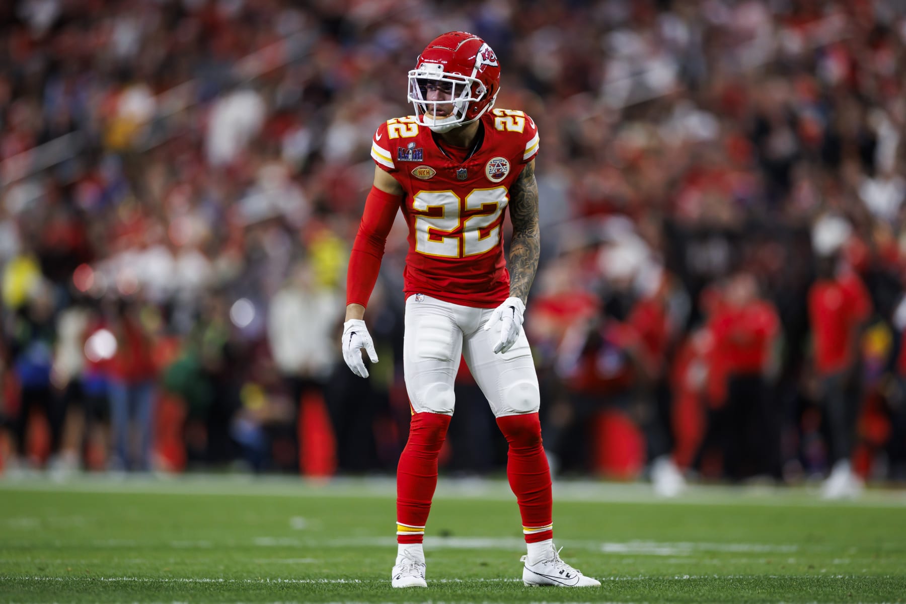LAS VEGAS, NEVADA - FEBRUARY 11: Trent McDuffie #22 of the Kansas City Chiefs defends in coverage during Super Bowl LVIII against the San Francisco 49ers at Allegiant Stadium on February 11, 2024 in Las Vegas, Nevada. (Photo by Ryan Kang/Getty Images)