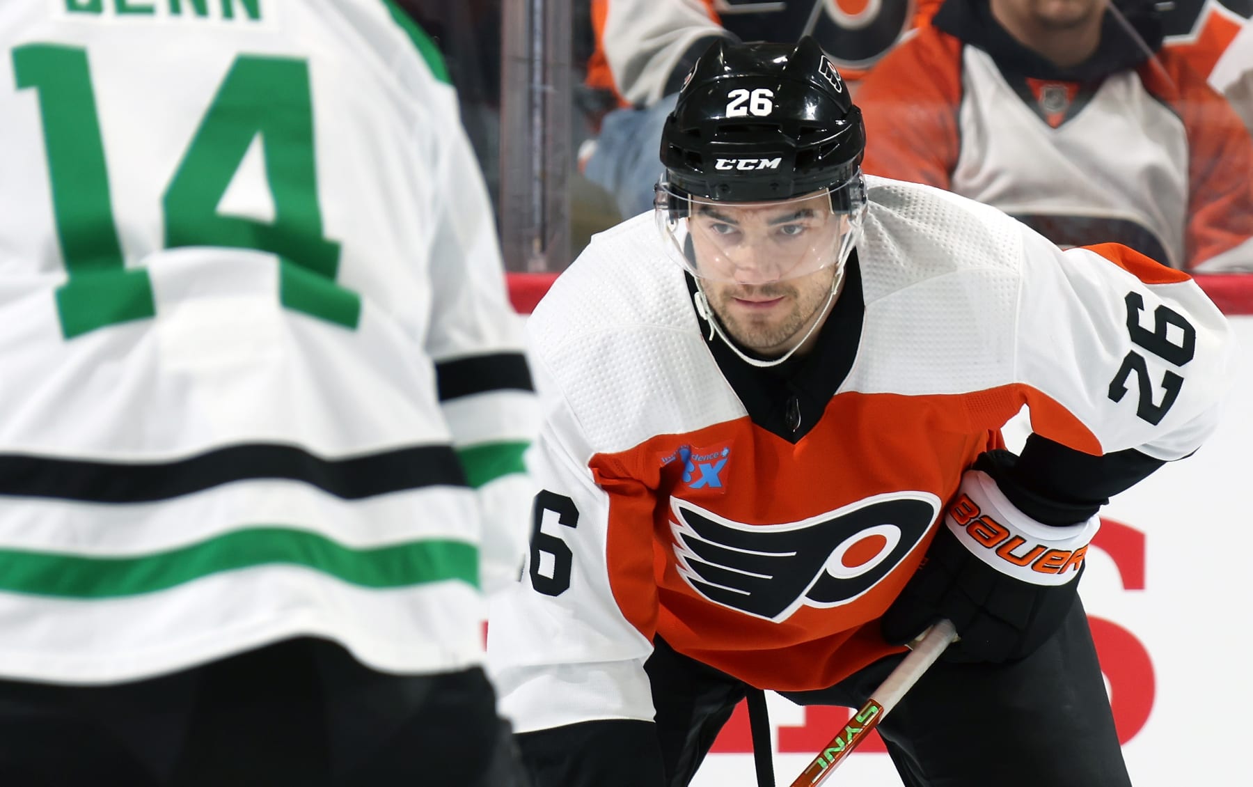 PHILADELPHIA, PENNSYLVANIA - JANUARY 18:  Sean Walker #26 of the Philadelphia Flyers looks on against the Dallas Stars at the Wells Fargo Center on January 18, 2024 in Philadelphia, Pennsylvania.  (Photo by Len Redkoles/NHLI via Getty Images)