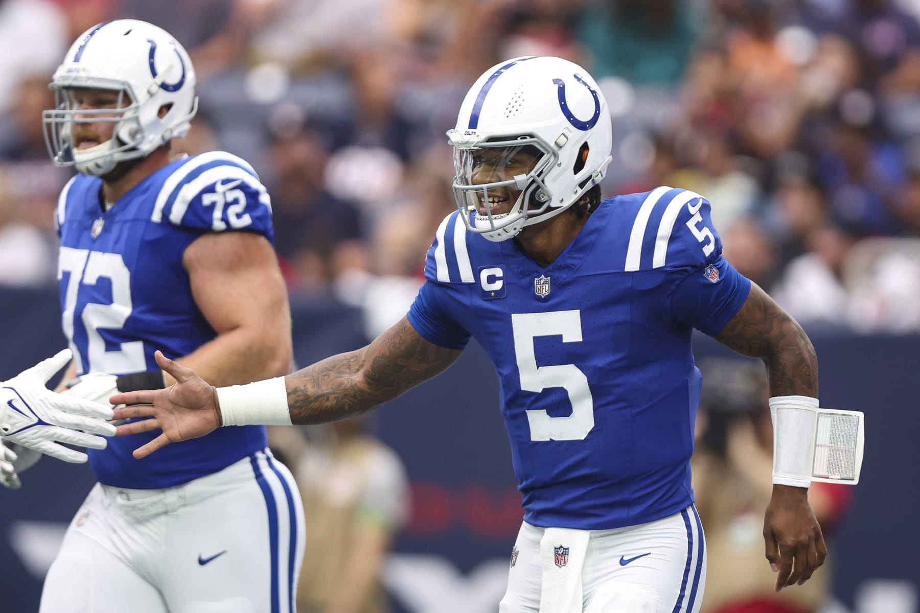 HOUSTON, TX - SEPTEMBER 17: Anthony Richardson #5 of the Indianapolis Colts celebrates after scoring a touchdown during a game against the Houston Texans at NRG Stadium on September 17, 2023 in Houston, Texas. (Photo by Perry Knotts/Getty Images)