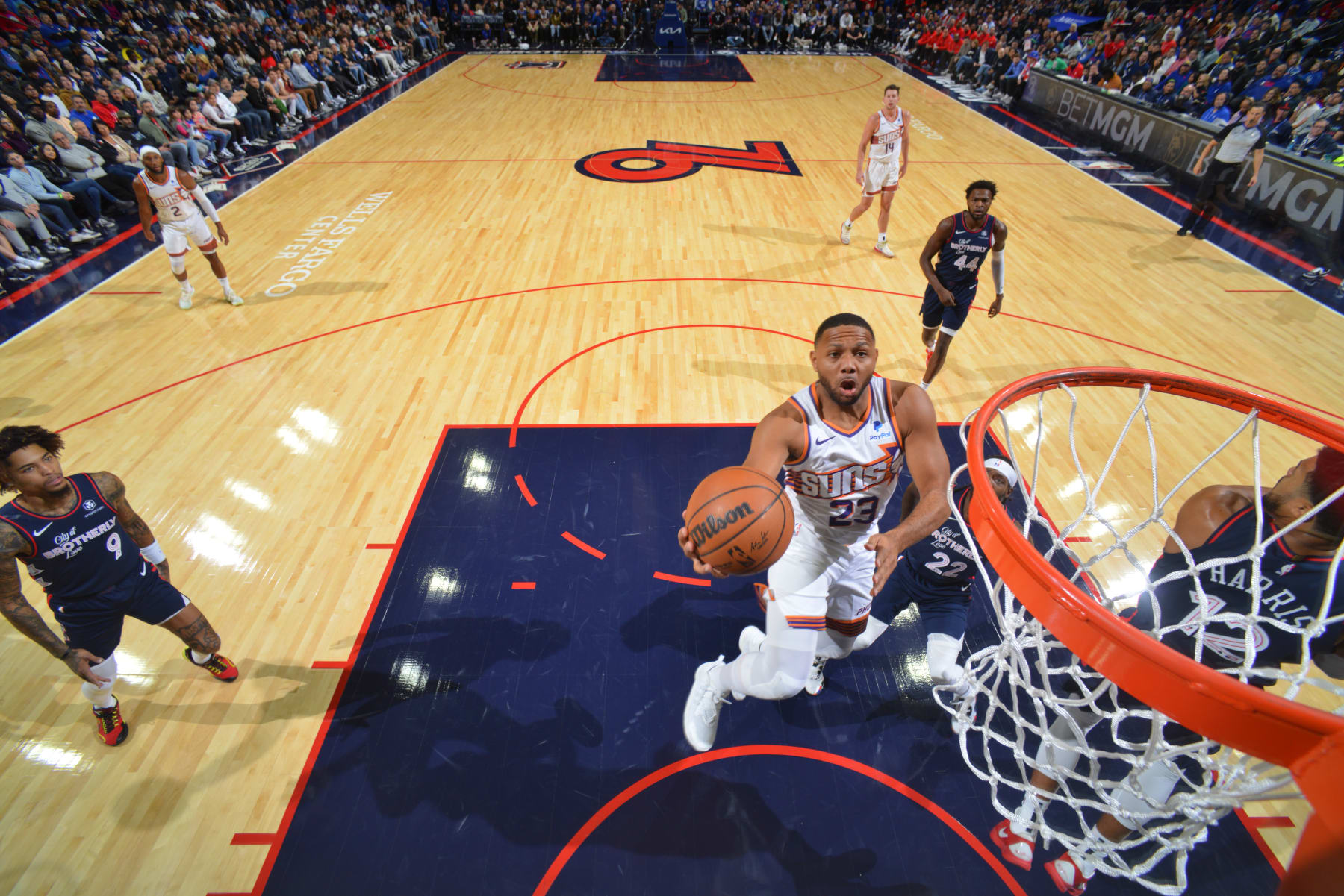 PHILADELPHIA, PA - NOVEMBER 4: Eric Gordon #23 of the Phoenix Suns drives to the basket during the game against the Philadelphia 76ers on November 4, 2023 at the Wells Fargo Center in Philadelphia, Pennsylvania NOTE TO USER: User expressly acknowledges and agrees that, by downloading and/or using this Photograph, user is consenting to the terms and conditions of the Getty Images License Agreement. Mandatory Copyright Notice: Copyright 2023 NBAE (Photo by Jesse D. Garrabrant/NBAE via Getty Images)