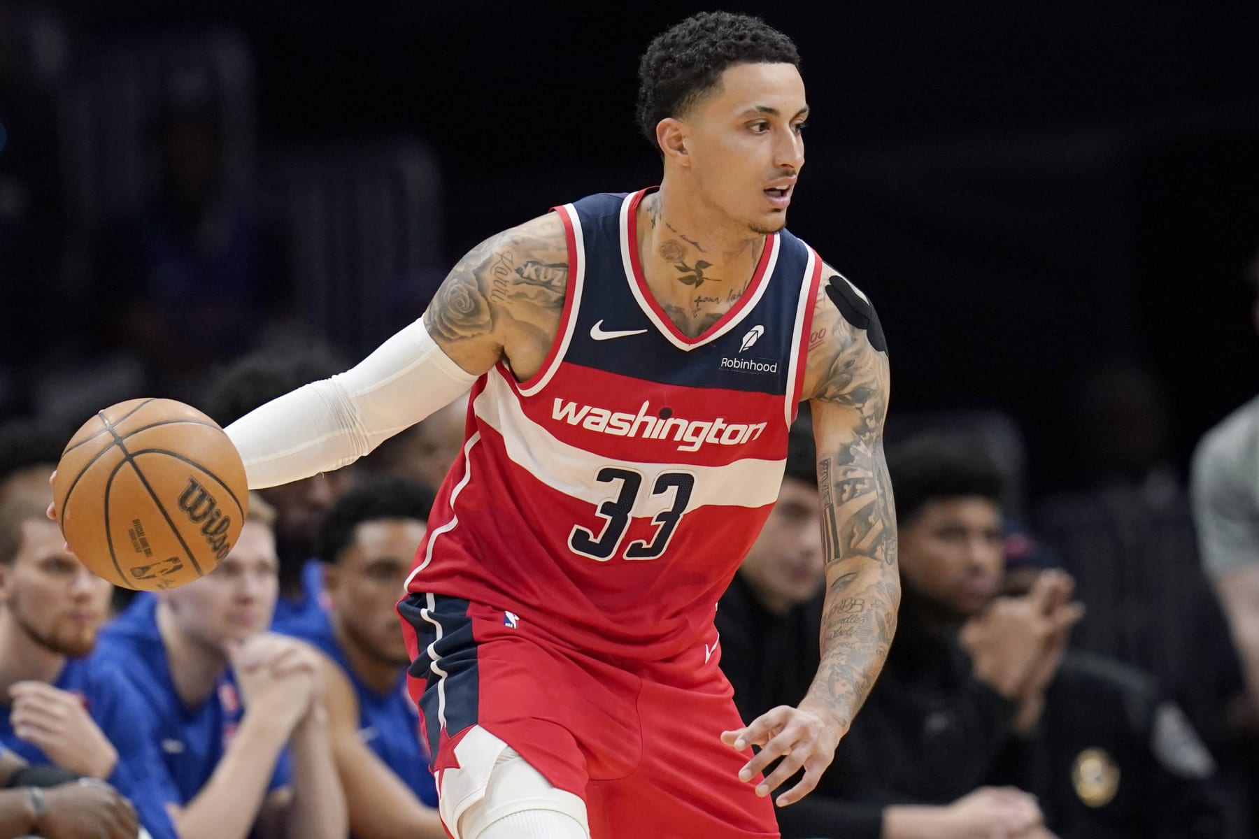 WASHINGTON, DC - MARCH 29: Kyle Kuzma #33 of the Washington Wizards dribbles the ball during the first half against the Detroit Pistons at Capital One Arena on March 29, 2024 in Washington, DC. NOTE TO USER: User expressly acknowledges and agrees that, by downloading and or using this photograph, User is consenting to the terms and conditions of the Getty Images License Agreement. (Photo by Jess Rapfogel/Getty Images)