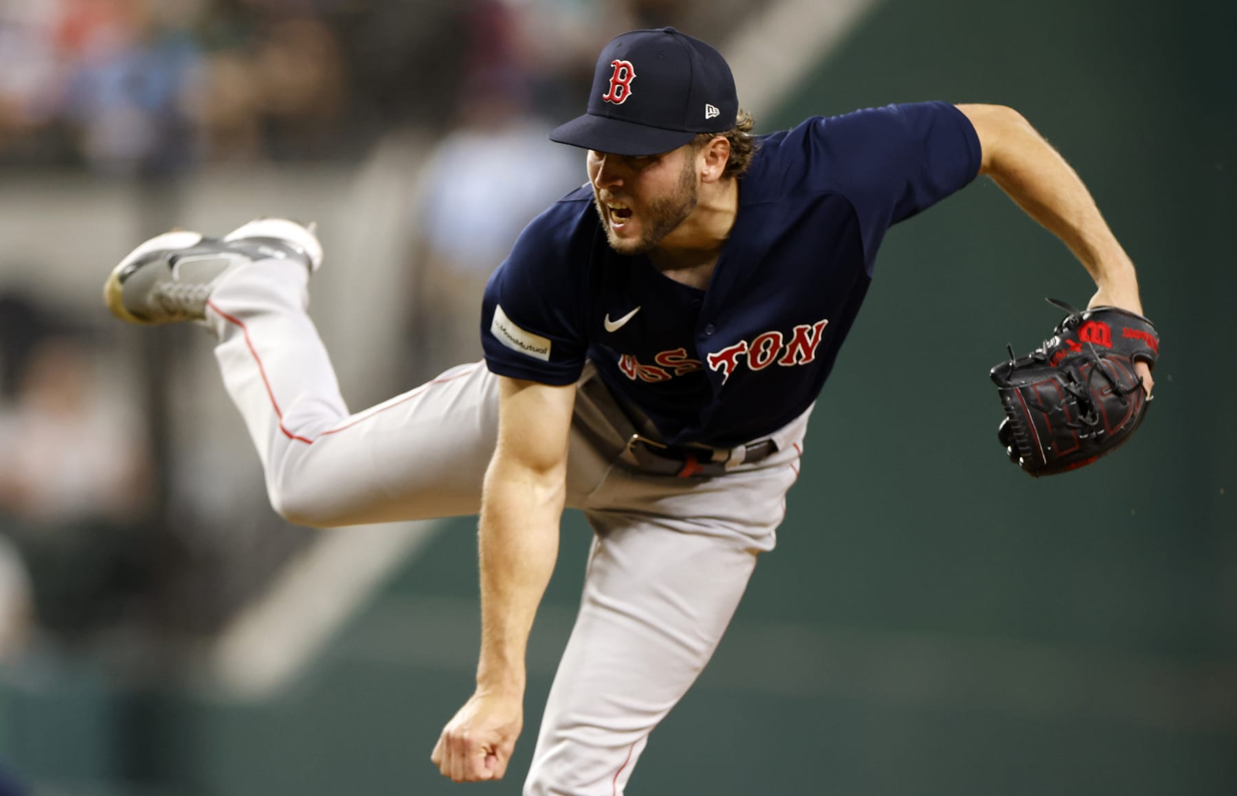 ARLINGTON, TX - SEPTEMBER 18: Kutter Crawford #50 of the Boston Red Sox delivers against the Texas Rangers during the first inning at Globe Life Field on September 18, 2023 in Arlington, Texas. (Photo by Ron Jenkins/Getty Images)