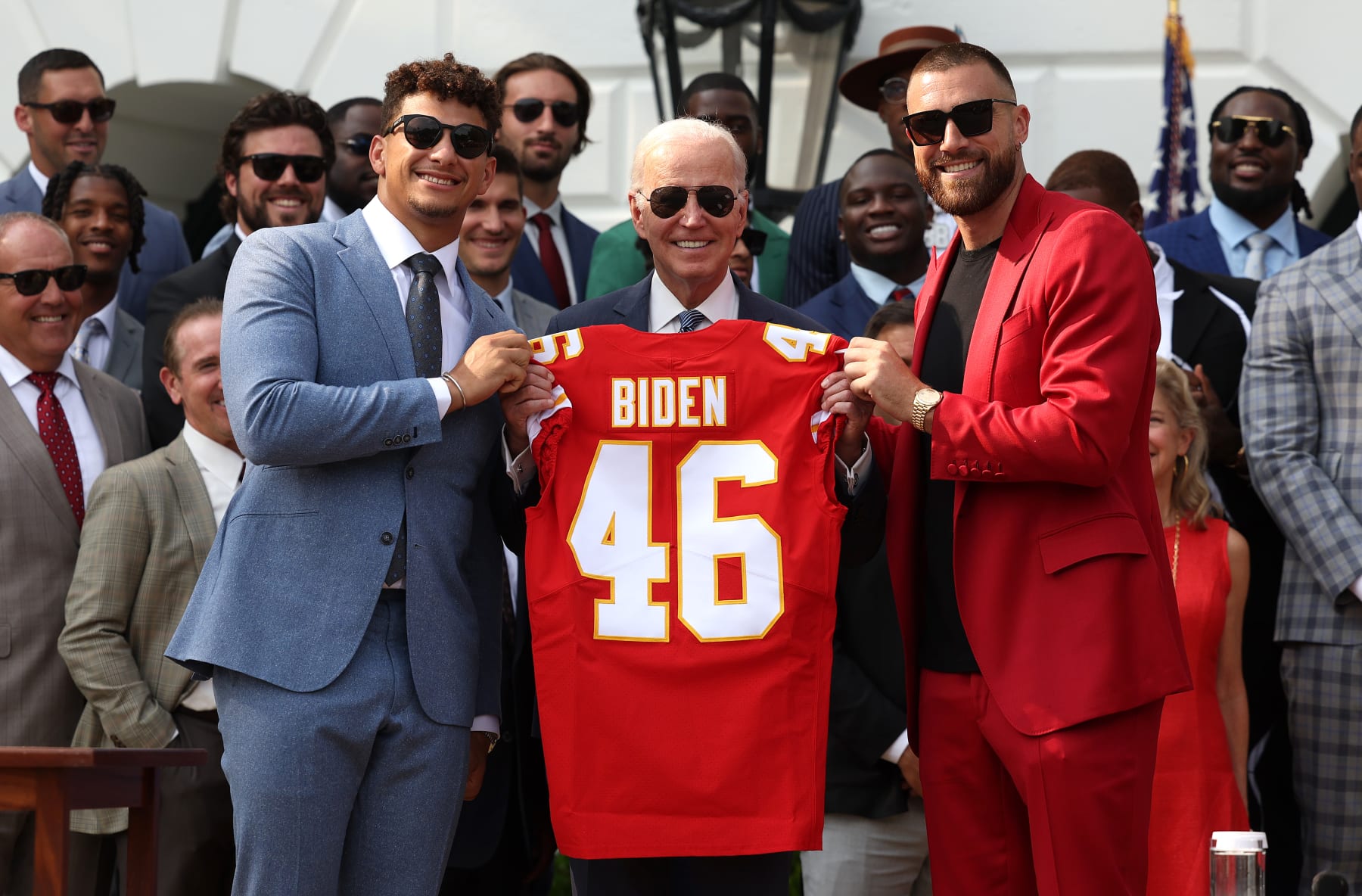 WASHINGTON, DC - JUNE 05:  Quarterback Patrick Mahomes (L) and tight end Travis Kelce of the NFL Kansas City Chiefs present U.S. President Joe Biden with a team jersey at the White House on June 05, 2023 in Washington, DC. The Chiefs are the 2023 Super Bowl champions. (Photo by Kevin Dietsch/Getty Images)