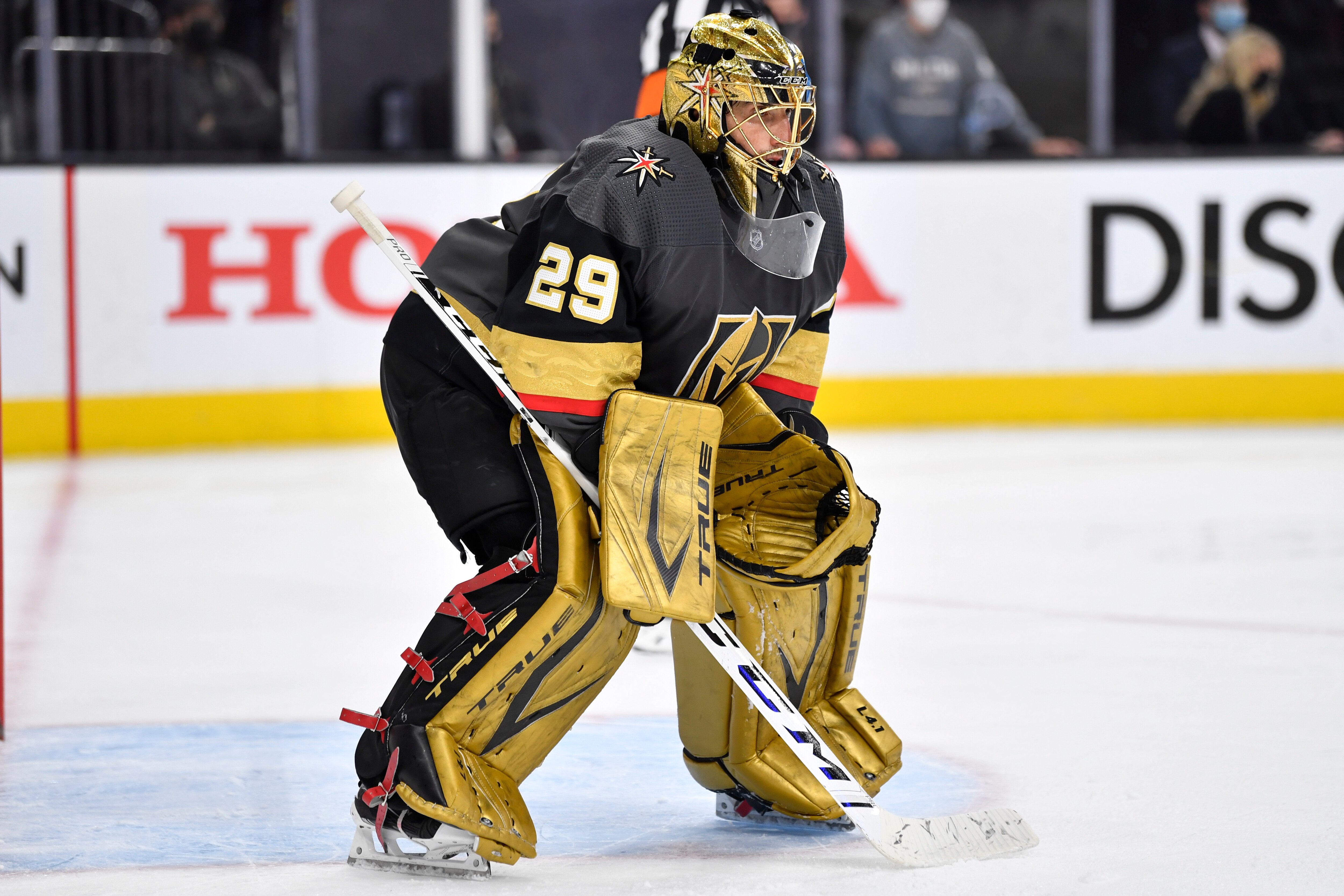 LAS VEGAS, NEVADA - MAY 28: Marc-Andre Fleury #29 of the Vegas Golden Knights tends net during the second period against the Minnesota Wild in Game Seven of the First Round of the 2021 Stanley Cup Playoffs at T-Mobile Arena on May 28, 2021 in Las Vegas, Nevada. (Photo by Jeff Bottari/NHLI via Getty Images)