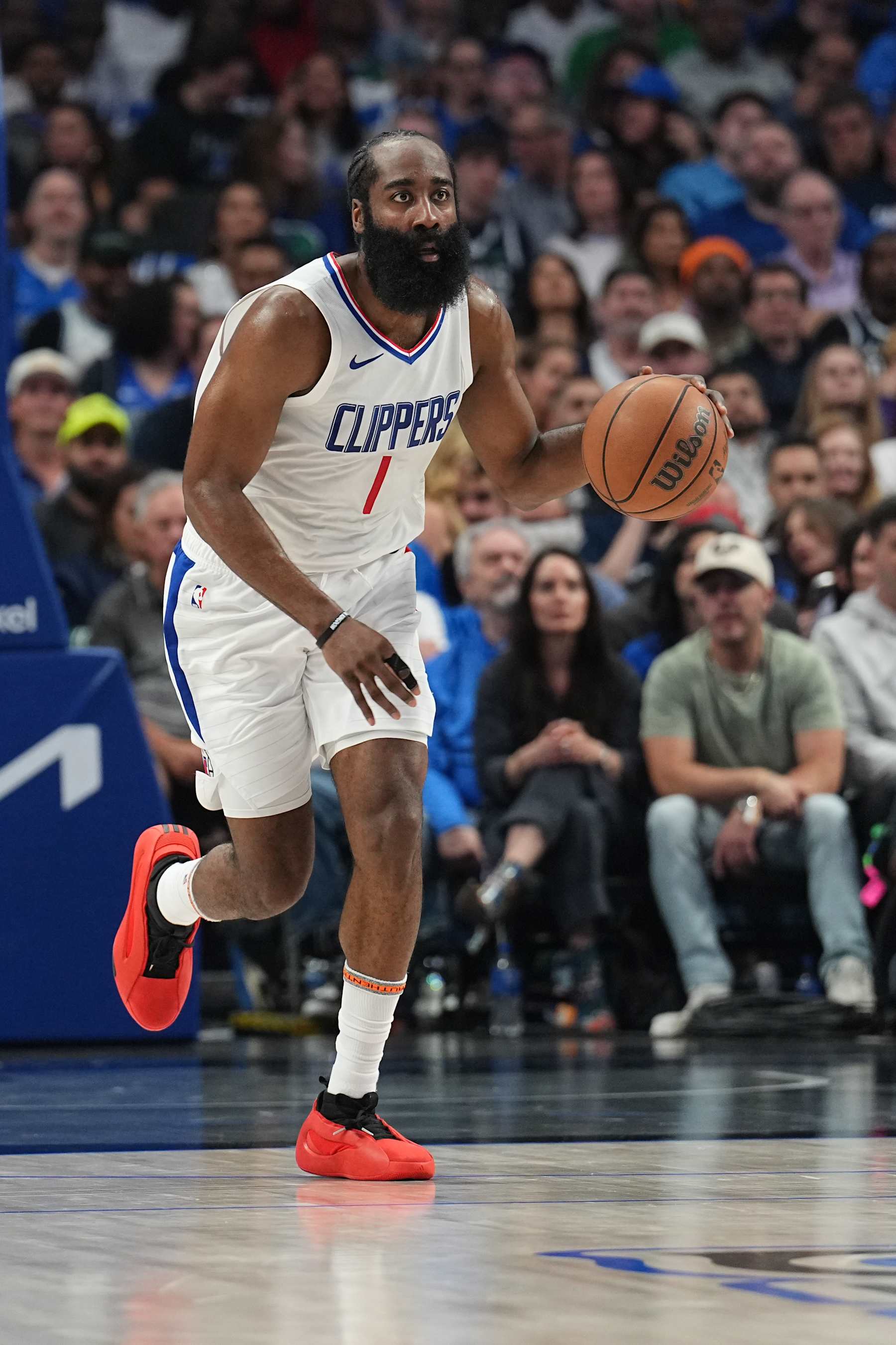 DALLAS, TX - MAY 3:  James Harden #1 of the LA Clippers handles the ball during the game  against the Dallas Mavericks during Round 1 Game 6 of the 2024 NBA Playoffs  on May 3, 2024  at the American Airlines Center in Dallas, Texas. NOTE TO USER: User expressly acknowledges and agrees that, by downloading and or using this photograph, User is consenting to the terms and conditions of the Getty Images License Agreement. Mandatory Copyright Notice: Copyright 2024 NBAE (Photo by Glenn James/NBAE via Getty Images)