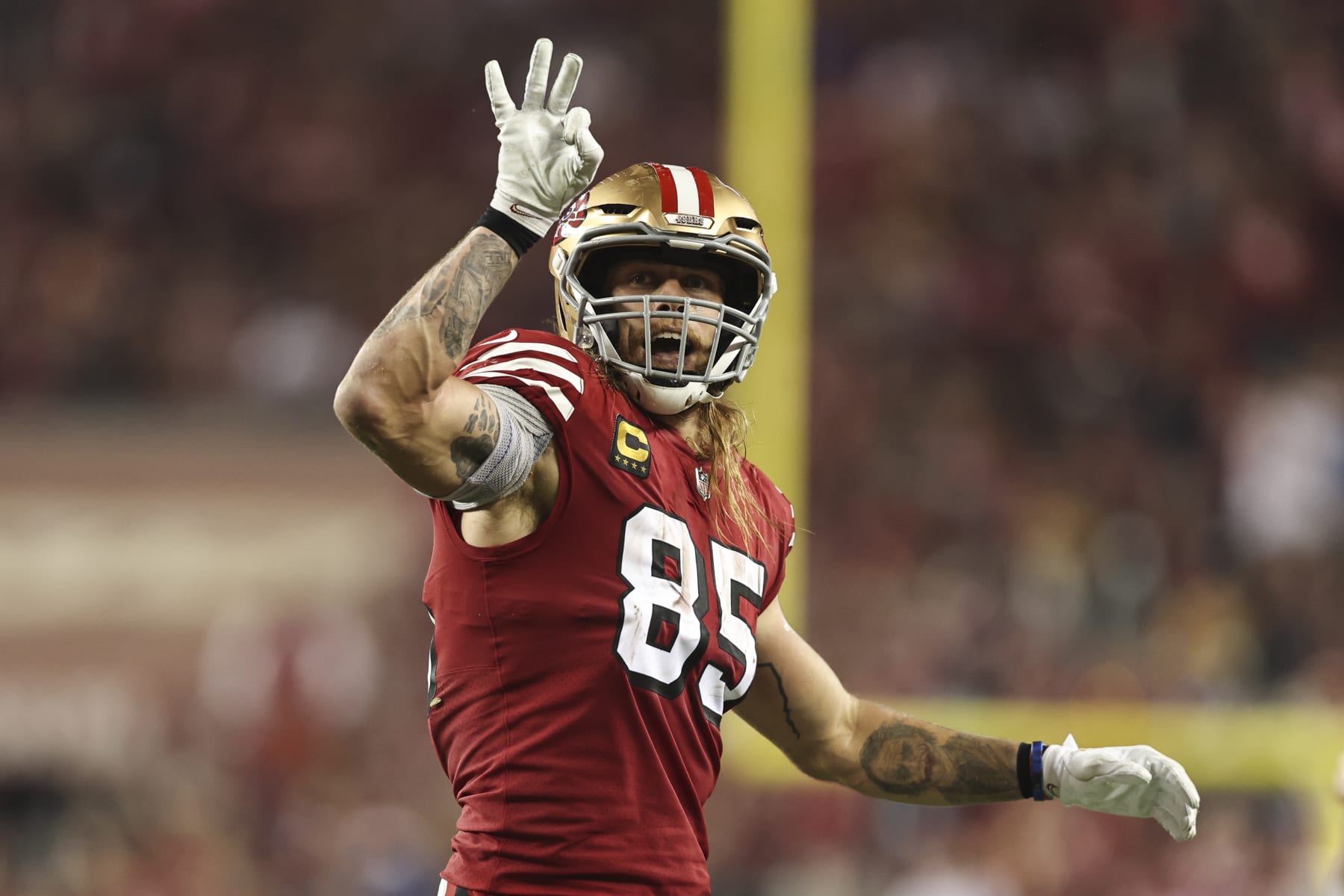 SANTA CLARA, CALIFORNIA - SEPTEMBER 21: George Kittle #85 of the San Francisco 49ers celebrates after a run during an NFL football game between the San Francisco 49ers and the New York Giants at Levi's Stadium on September 21, 2023 in Santa Clara, California. (Photo by Michael Owens/Getty Images)