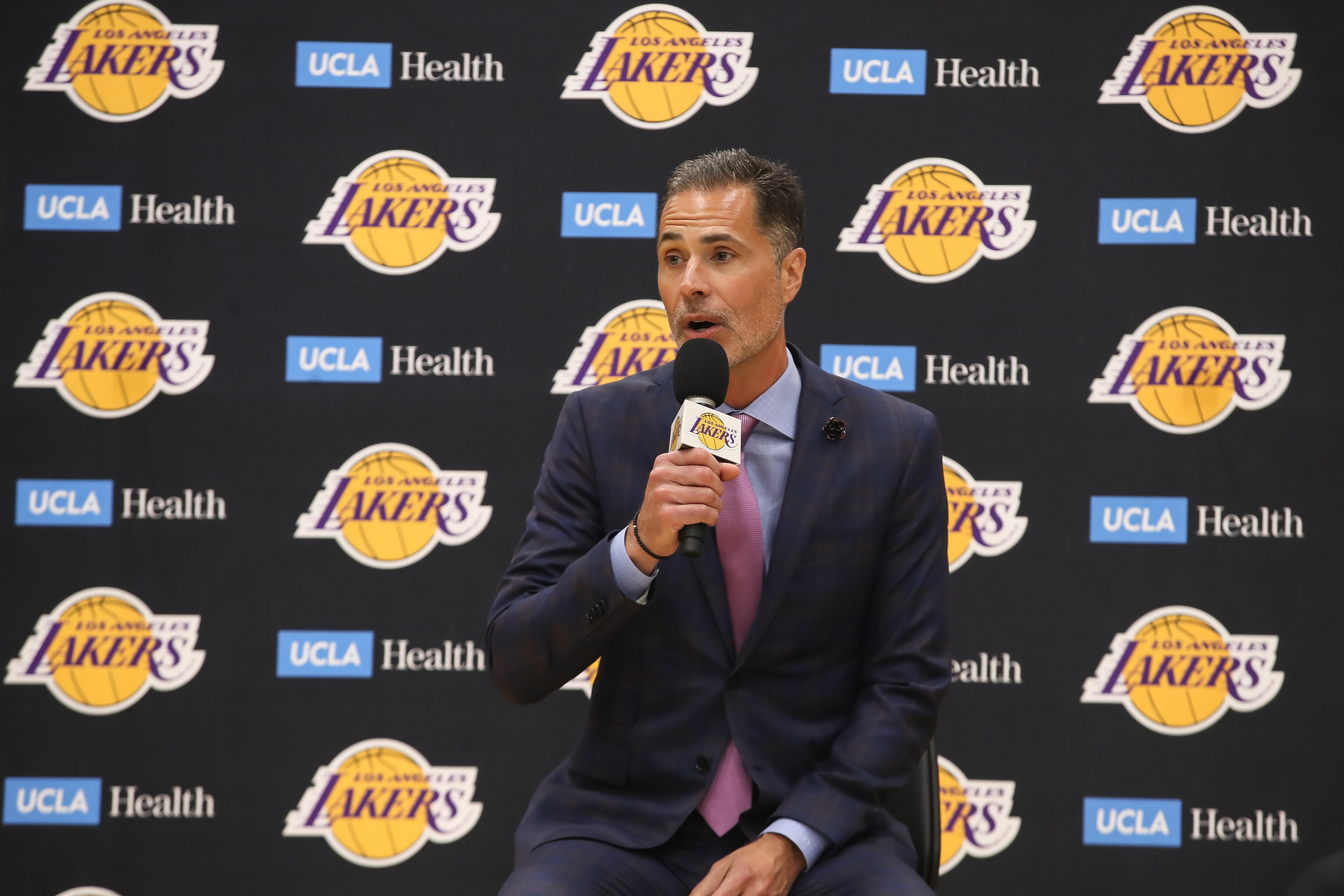 EL SEGUNDO, CA - JUNE 06: Vice President of Operations of the Los Angeles Lakers Rob Pelinka  speaks during the Darvin Hams introductory press conference on June 06, 2022, at the UCLA Health Training Center in El Segundo, CA. (Photo by Jevone Moore/Icon Sportswire via Getty Images)
