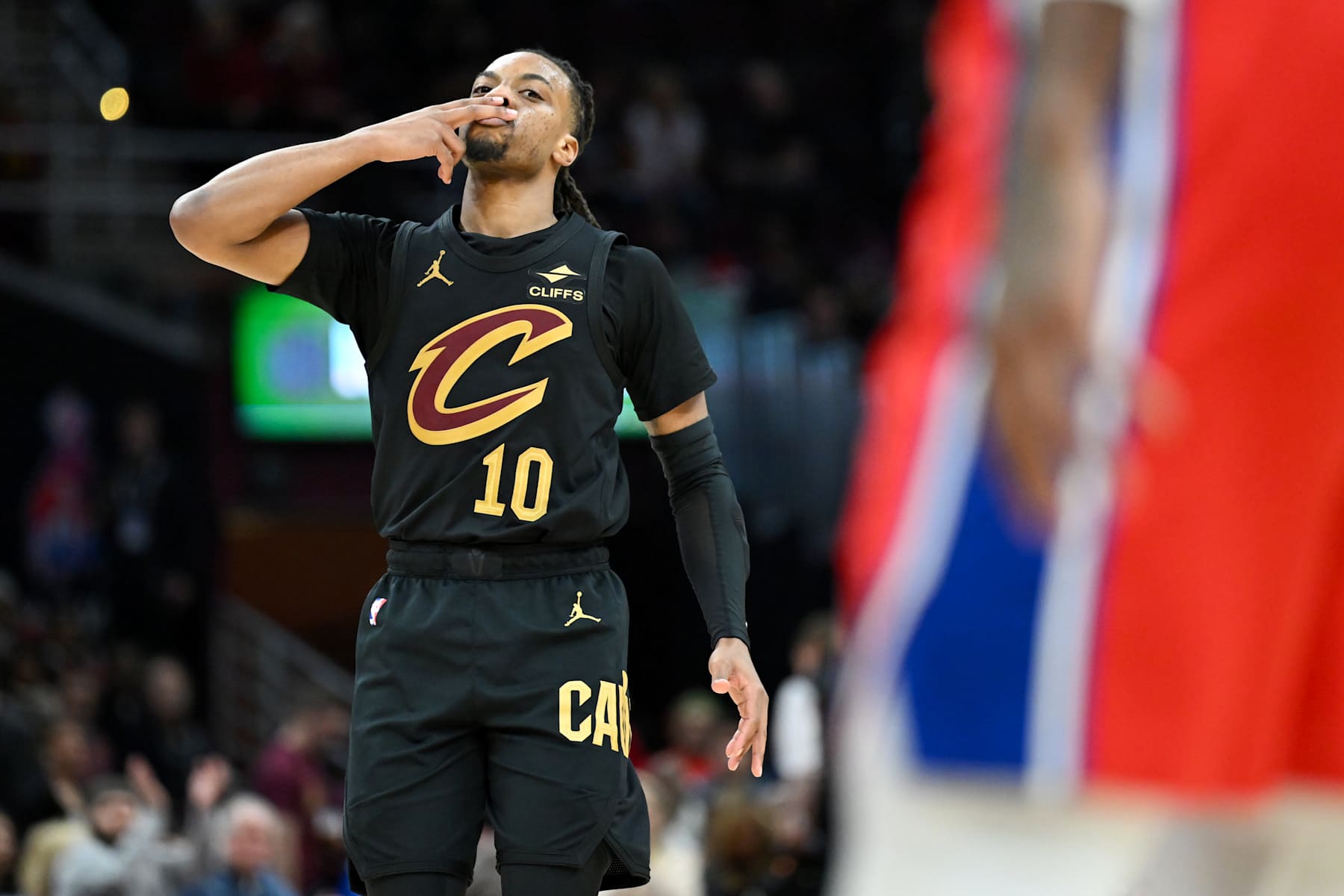 CLEVELAND, OHIO - DECEMBER 21: Darius Garland #10 of the Cleveland Cavaliers celebrates making a three-point basket during the second half against the Philadelphia 76ers at Rocket Mortgage Fieldhouse on December 21, 2024 in Cleveland, Ohio. NOTE TO USER: User expressly acknowledges and agrees that, by downloading and or using this photograph, User is consenting to the terms and conditions of the Getty Images License Agreement. (Photo by Nick Cammett/Getty Images)