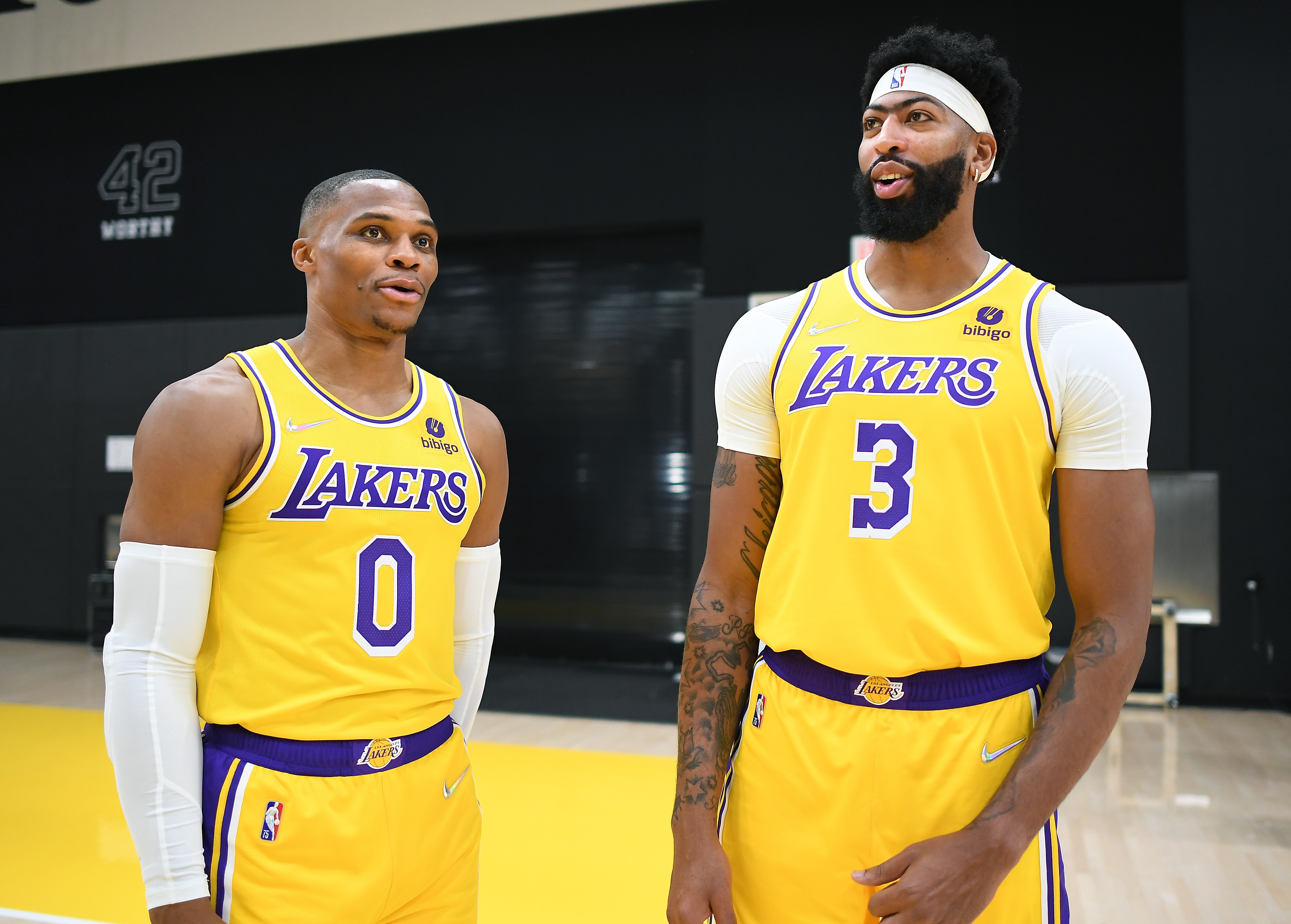 El Segundo, CA. September 28, 2021:  Lakers Russell Westbrook, left,and Anthony Davis chat during media day at the UCLA Health Training Center in El Segundo Tuesday. (Wally Skalij/Los Angeles Times via Getty Images)