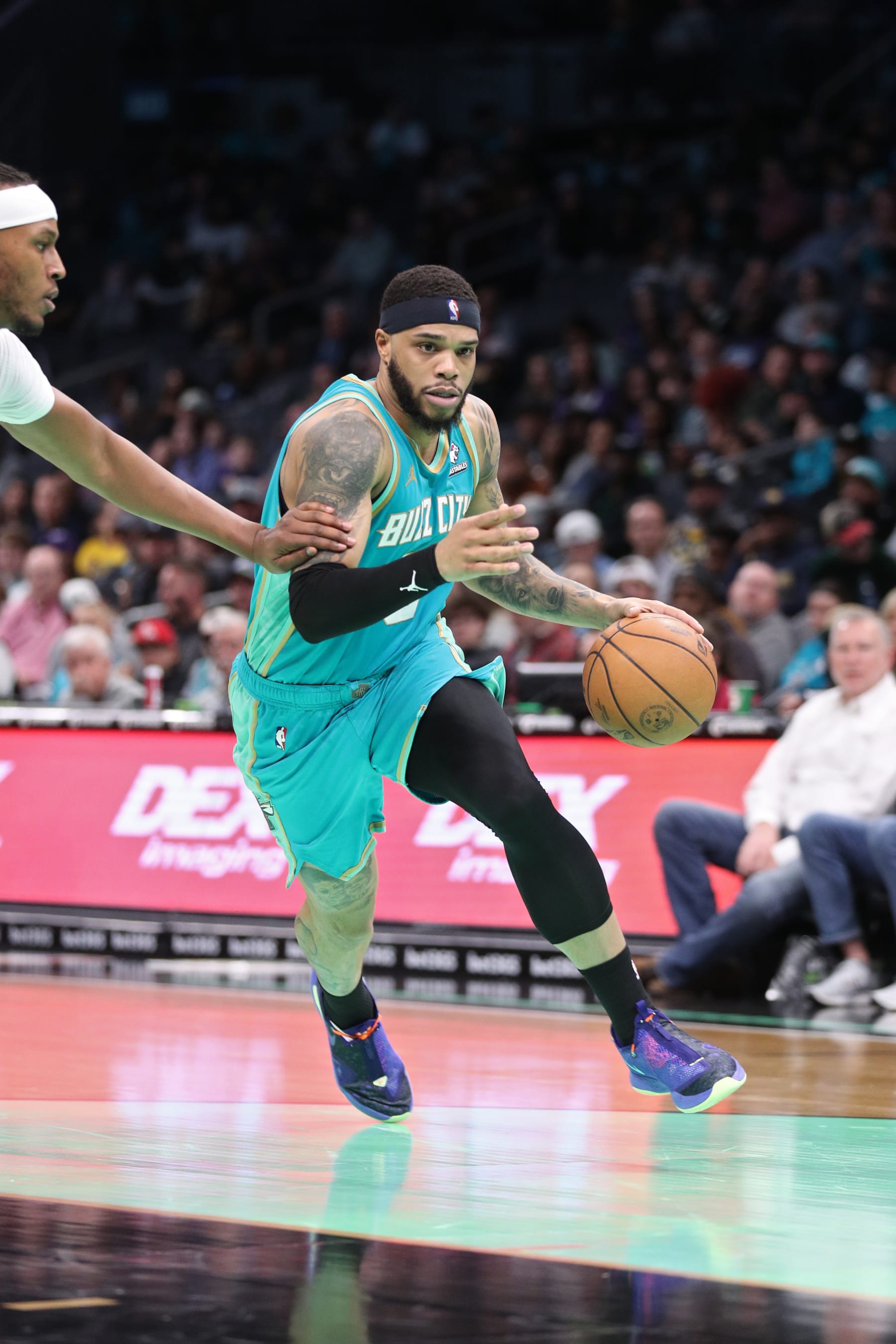 CHARLOTTE, NC - FEBRUARY 4: Miles Bridges #0 of the Charlotte Hornets dribbles the ball during the game against the Indiana Pacers on February 4, 2024 at Spectrum Center in Charlotte, North Carolina. NOTE TO USER: User expressly acknowledges and agrees that, by downloading and or using this photograph, User is consenting to the terms and conditions of the Getty Images License Agreement.  Mandatory Copyright Notice:  Copyright 2024 NBAE (Photo by Brock Williams-Smith/NBAE via Getty Images)