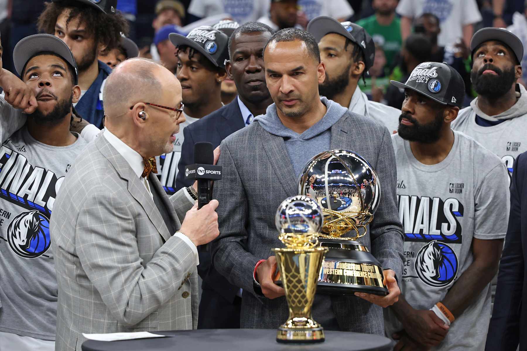 MINNEAPOLIS, MN - MAY 30: Nico Harrison of the Dallas Mavericks holds the Oscar Robertson Western Conference Finals Championship trophy after the game against the Minnesota Timberwolves during Game 5 of the Western Conference Finals during the 2024 NBA Playoffs on May 30, 2024 at Target Center in Minneapolis, Minnesota. NOTE TO USER: User expressly acknowledges and agrees that, by downloading and or using this Photograph, user is consenting to the terms and conditions of the Getty Images License Agreement. Mandatory Copyright Notice: Copyright 2024 NBAE (Photo by David Sherman/NBAE via Getty Images)