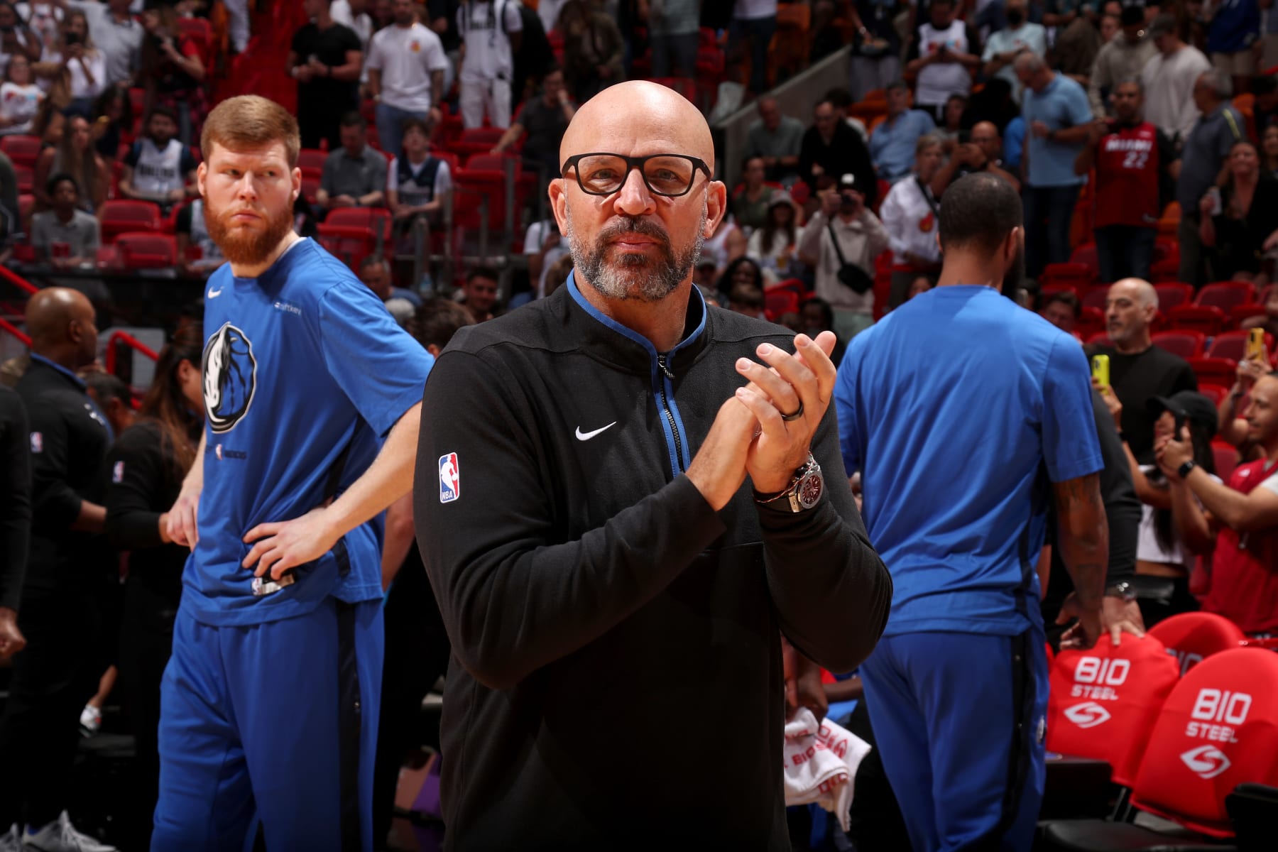 MIAMI, FL - APRIL 1: Head Coach Jason Kidd of the Dallas Mavericks smiles before the game against the Miami Heat on April 1, 2023 at Miami-Dade Arena in Miami, Florida. NOTE TO USER: User expressly acknowledges and agrees that, by downloading and or using this Photograph, user is consenting to the terms and conditions of the Getty Images License Agreement. Mandatory Copyright Notice: Copyright 2023 NBAE (Photo by Issac Baldizon/NBAE via Getty Images)
