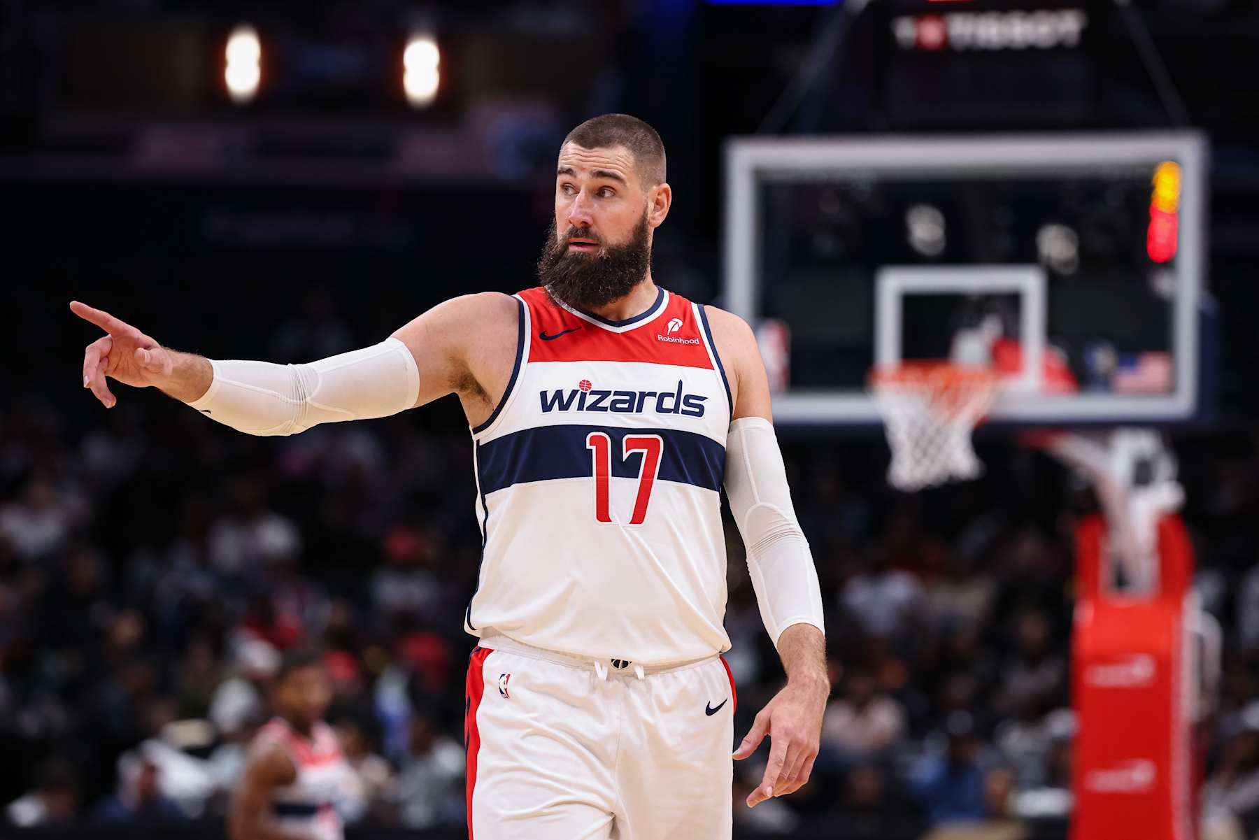 WASHINGTON, DC - OCTOBER 30: Jonas Valanciunas #17 of the Washington Wizards reacts against the Atlanta Hawks during the first half at Capital One Arena on October 30, 2024 in Washington, DC. NOTE TO USER: User expressly acknowledges and agrees that, by downloading and or using this photograph, User is consenting to the terms and conditions of the Getty Images License Agreement. (Photo by Scott Taetsch/Getty Images)