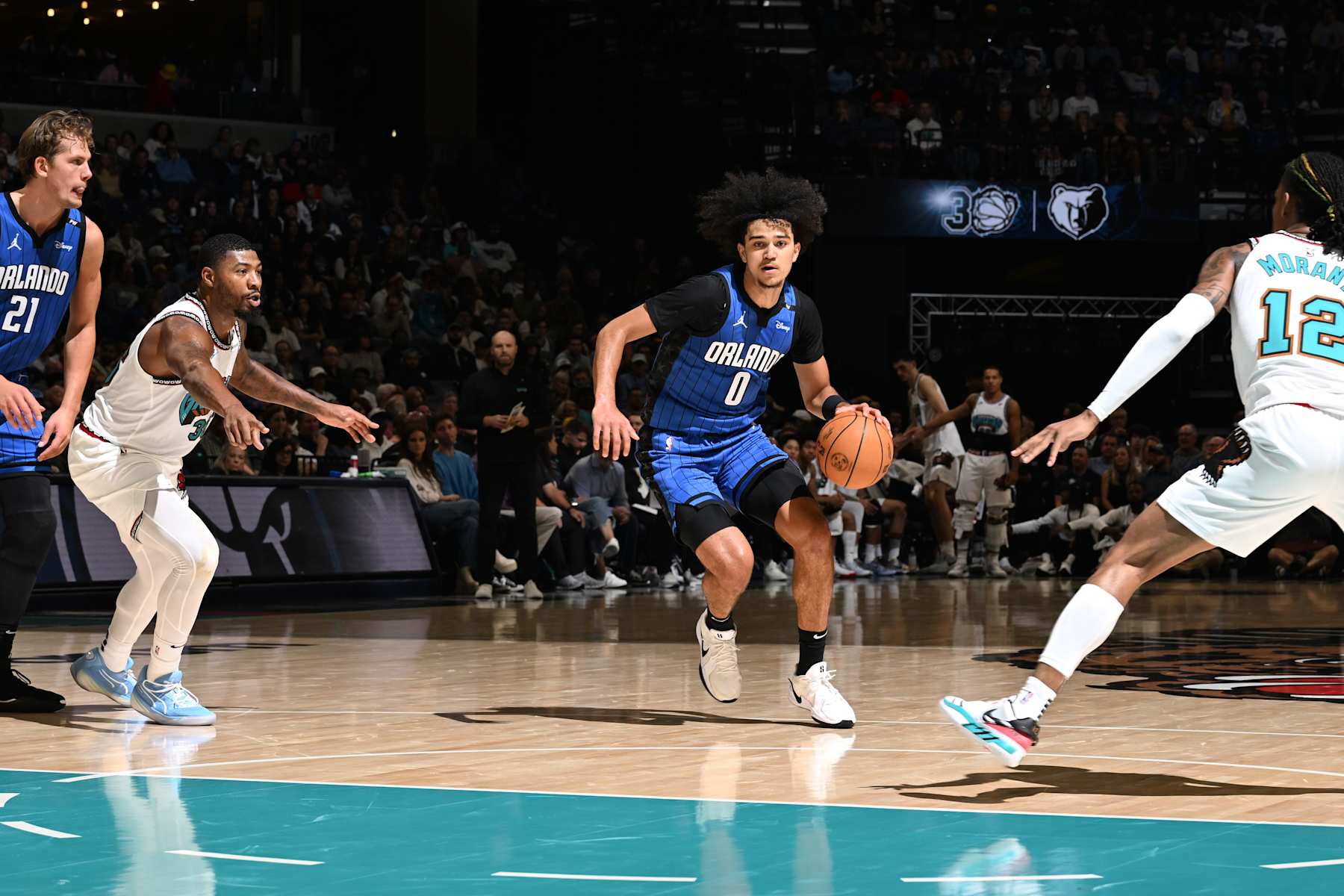 MEMPHIS, TN - OCTOBER 26: Anthony Black #0 of the Orlando Magic handles the ball during the game against the Memphis Grizzlies on October 26, 2024 at FedExForum in Memphis, Tennessee. NOTE TO USER: User expressly acknowledges and agrees that, by downloading and or using this photograph, User is consenting to the terms and conditions of the Getty Images License Agreement. Mandatory Copyright Notice: Copyright 2024 NBAE (Photo by Grant Burke/NBAE via Getty Images)