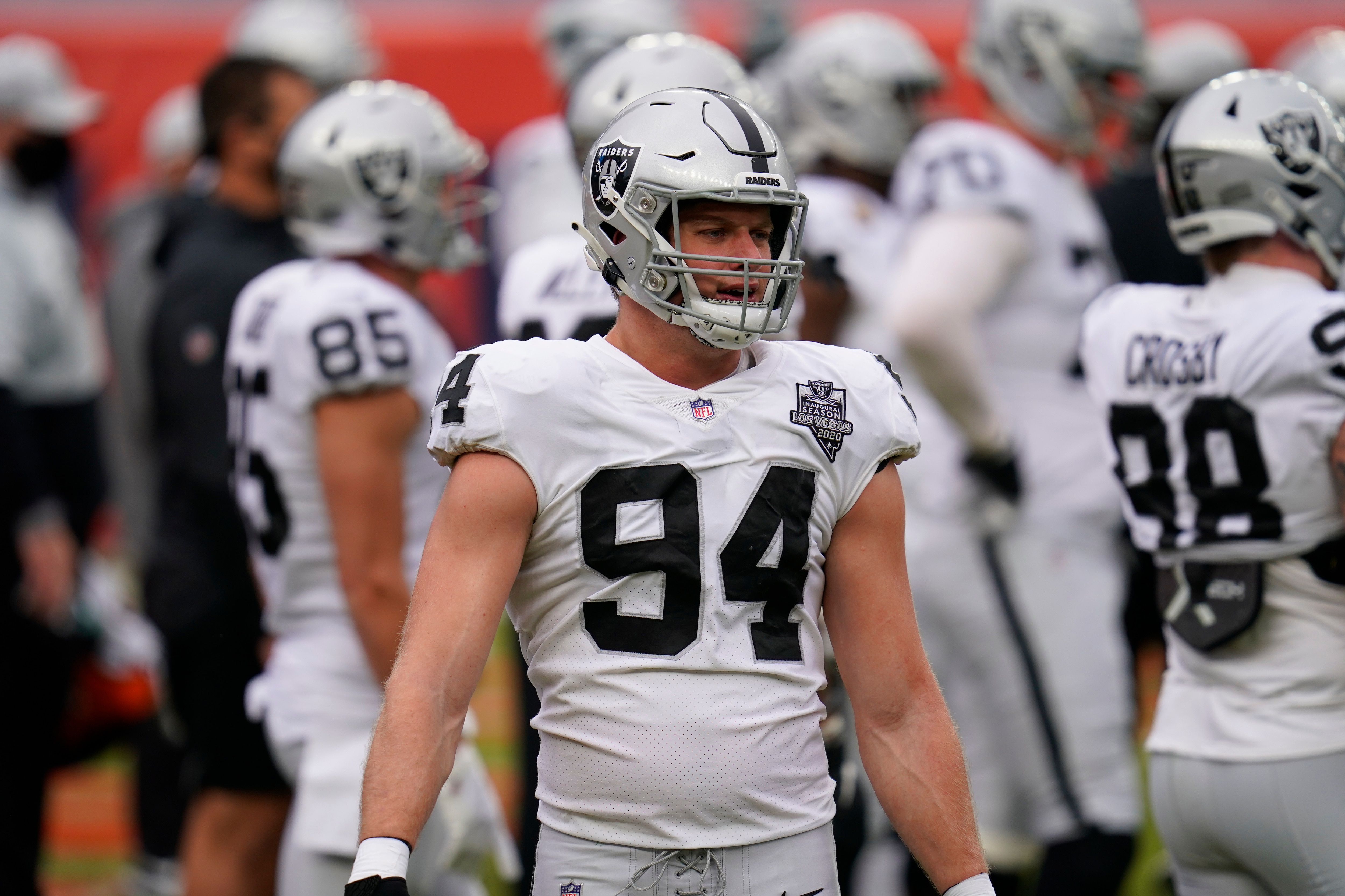 Las Vegas Raiders defensive end Carl Nassib (94) in the first second half of an NFL football game Sunday, Jan. 3, 2021, in Denver. (AP Photo/David Zalubowski)