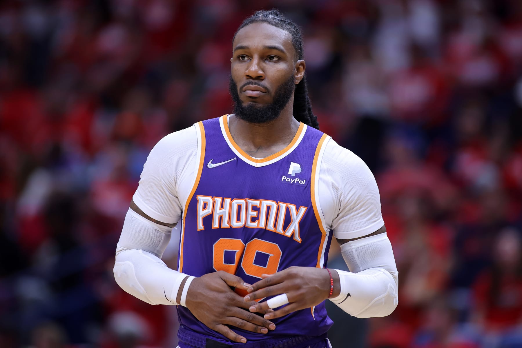 NEW ORLEANS, LOUISIANA - APRIL 24: Jae Crowder #99 of the Phoenix Suns reacts against the New Orleans Pelicans during Game Four of the Western Conference First Round NBA Playoffs at the Smoothie King Center on April 24, 2022 in New Orleans, Louisiana. NOTE TO USER: User expressly acknowledges and agrees that, by downloading and or using this Photograph, user is consenting to the terms and conditions of the Getty Images License Agreement. (Photo by Jonathan Bachman/Getty Images)