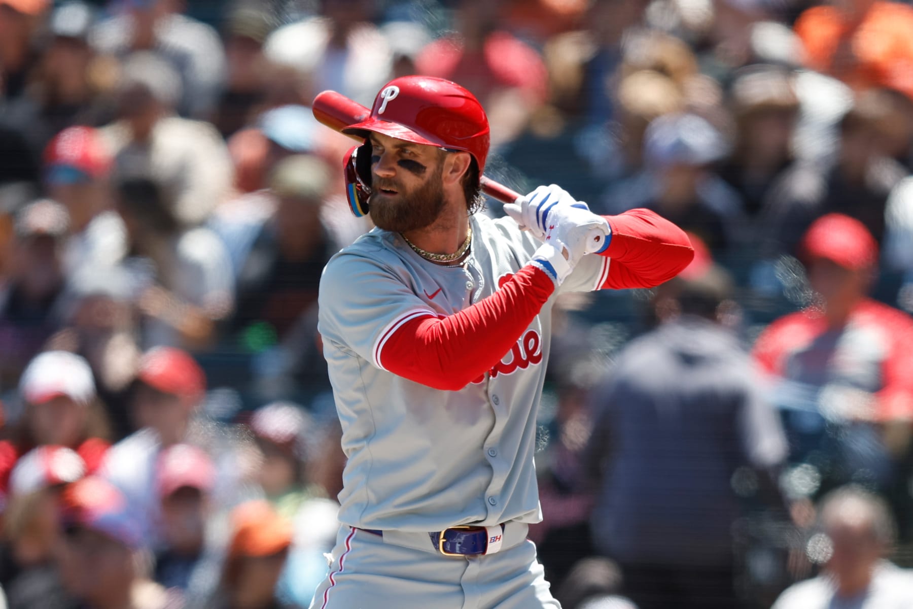 SAN FRANCISCO, CALIFORNIA - MAY 27: Bryce Harper #3 of the Philadelphia Phillies at bat against the San Francisco Giants at Oracle Park on May 27, 2024 in San Francisco, California. (Photo by Lachlan Cunningham/Getty Images)