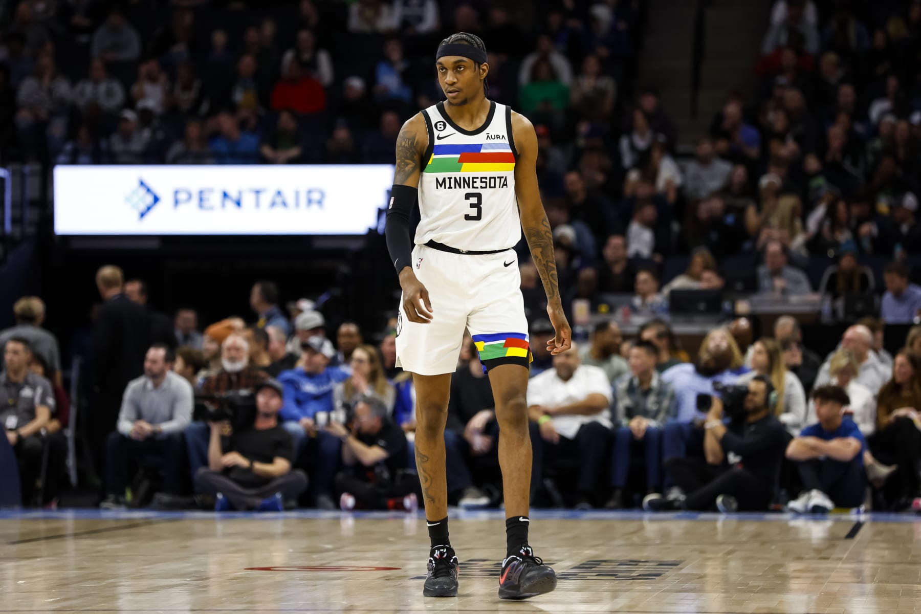MINNEAPOLIS, MN - JANUARY 27: Jaden McDaniels #3 of the Minnesota Timberwolves looks on against the Memphis Grizzlies in the first quarter of the game at Target Center on January 27, 2023 in Minneapolis, Minnesota. The Timberwolves defeated the Grizzlies 111-100. NOTE TO USER: User expressly acknowledges and agrees that, by downloading and or using this Photograph, user is consenting to the terms and conditions of the Getty Images License Agreement. (Photo by David Berding/Getty Images)