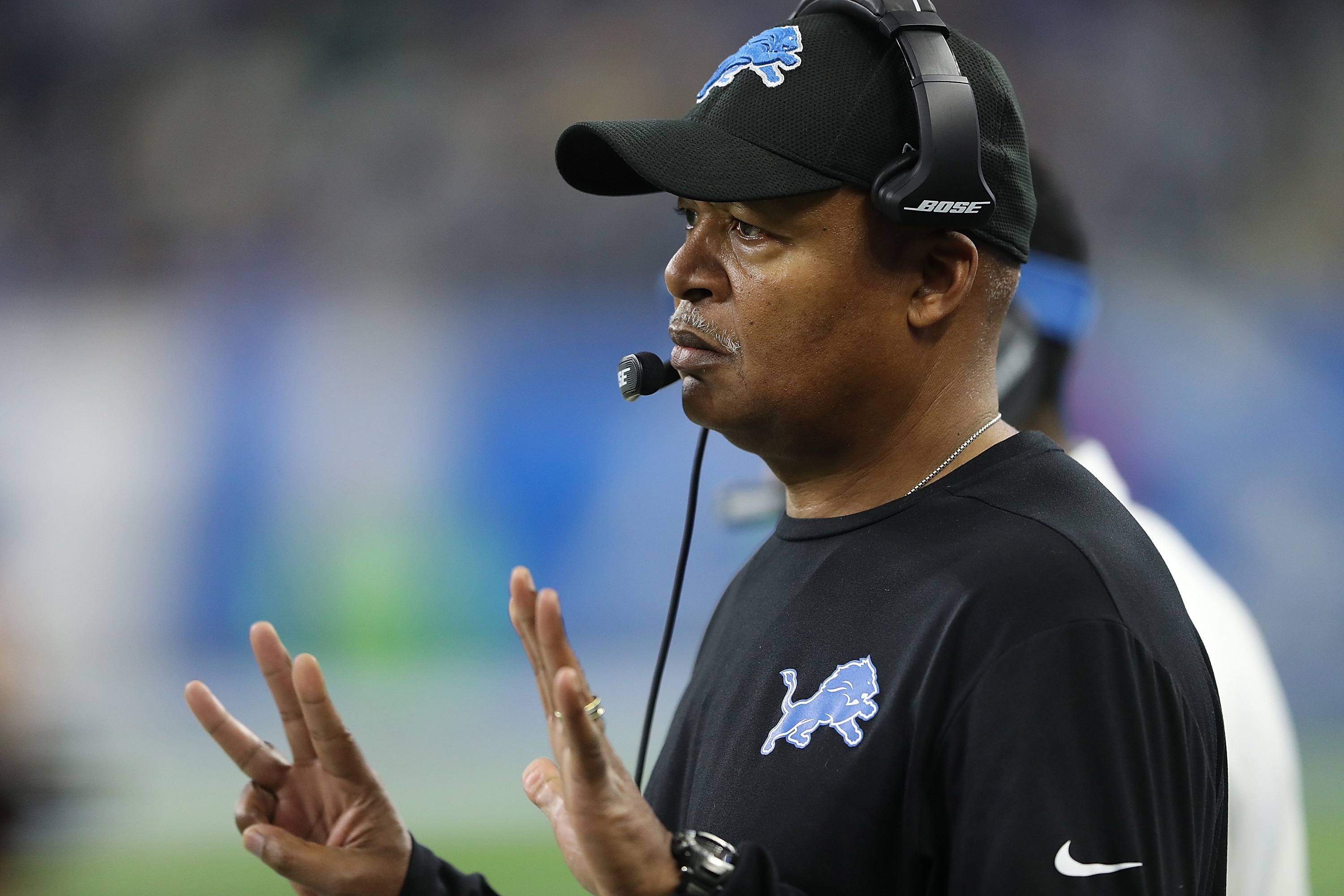 DETROIT, MI - DECEMBER 31: Head coach Jim Caldwell of the Detroit Lions watches his team against the Green Bay Packers during the first half at Ford Field on December 31, 2017 in Detroit, Michigan. (Photo by Leon Halip/Getty Images)