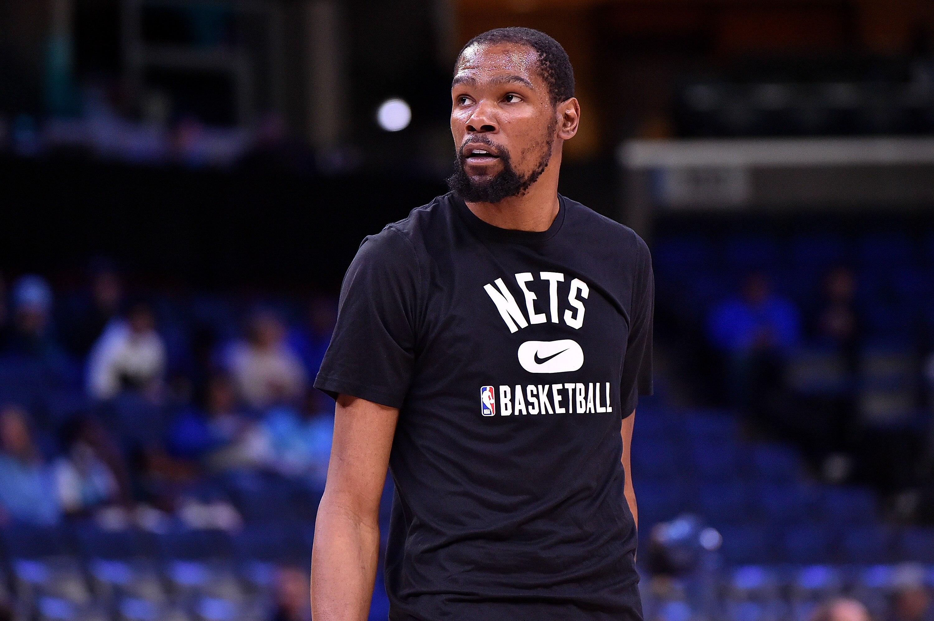 MEMPHIS, TENNESSEE - MARCH 23: Kevin Durant #7 of the Brooklyn Nets warms up before the game against the Memphis Grizzlies at FedExForum on March 23, 2022 in Memphis, Tennessee. NOTE TO USER: User expressly acknowledges and agrees that , by downloading and or using this photograph, User is consenting to the terms and conditions of the Getty Images License Agreement. (Photo by Justin Ford/Getty Images)